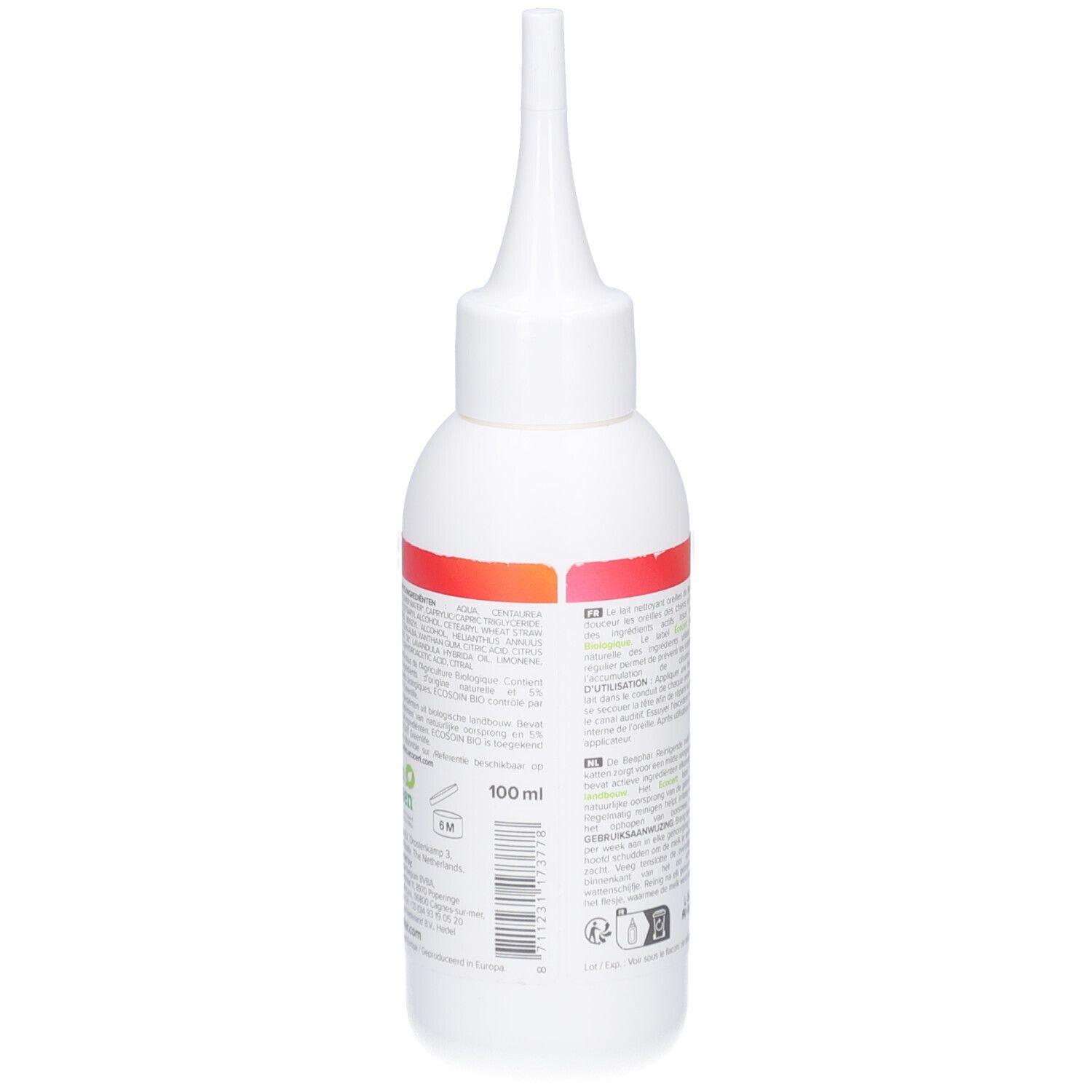 Weiße Flasche mit spitzem Applikator. Rückseite mit Text und 100 ml Angabe. Marke: Beaphar.