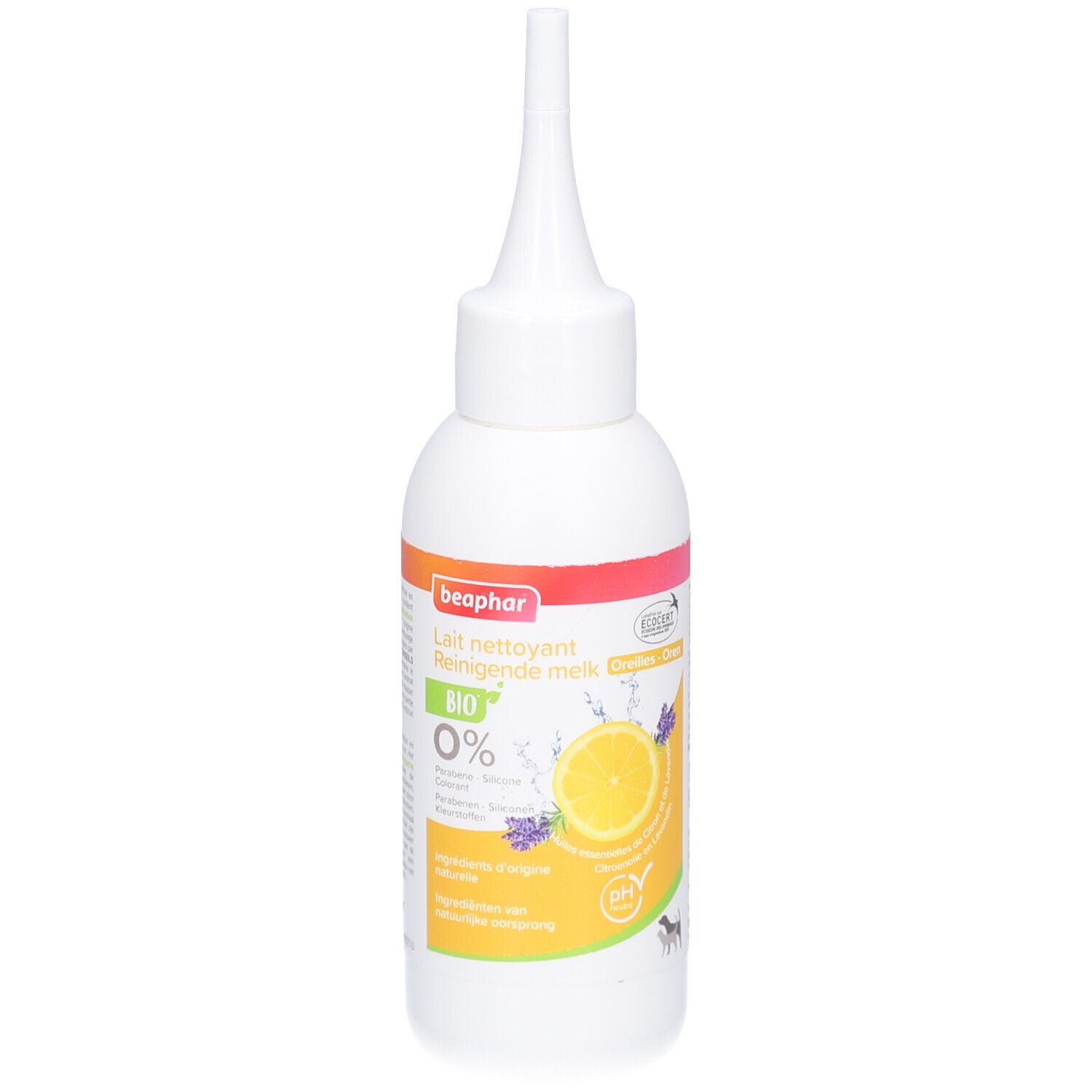 Weiße Flasche mit spitzem Applikator. Etikett mit Produktnamen, Zitrone und Lavendel-Illustration. Marke: Beaphar.