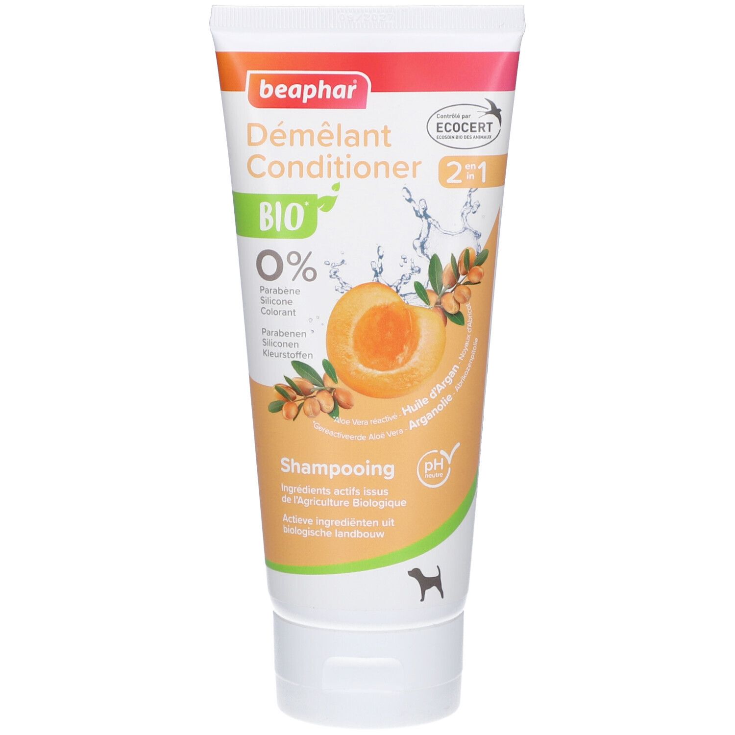 Weiß-orange Tube mit Produktaufdruck. Enthält das Logo von Beaphar, Produktname, Bio-Zertifizierung und Abbildung einer Aprikose.
