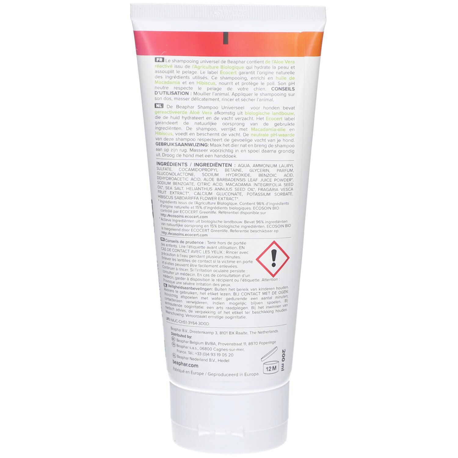 Rückseite der Beaphar Bio Shampooing Chien Universel Tube. Text in mehreren Sprachen, Inhaltsstoffe, Warnhinweis und 12M-Symbol.