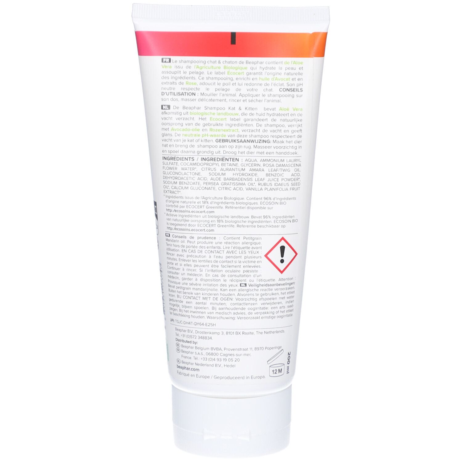 Rückseite der Shampoo-Tube. Text mit Inhaltsstoffen und Warnhinweisen. 12M-Symbol.