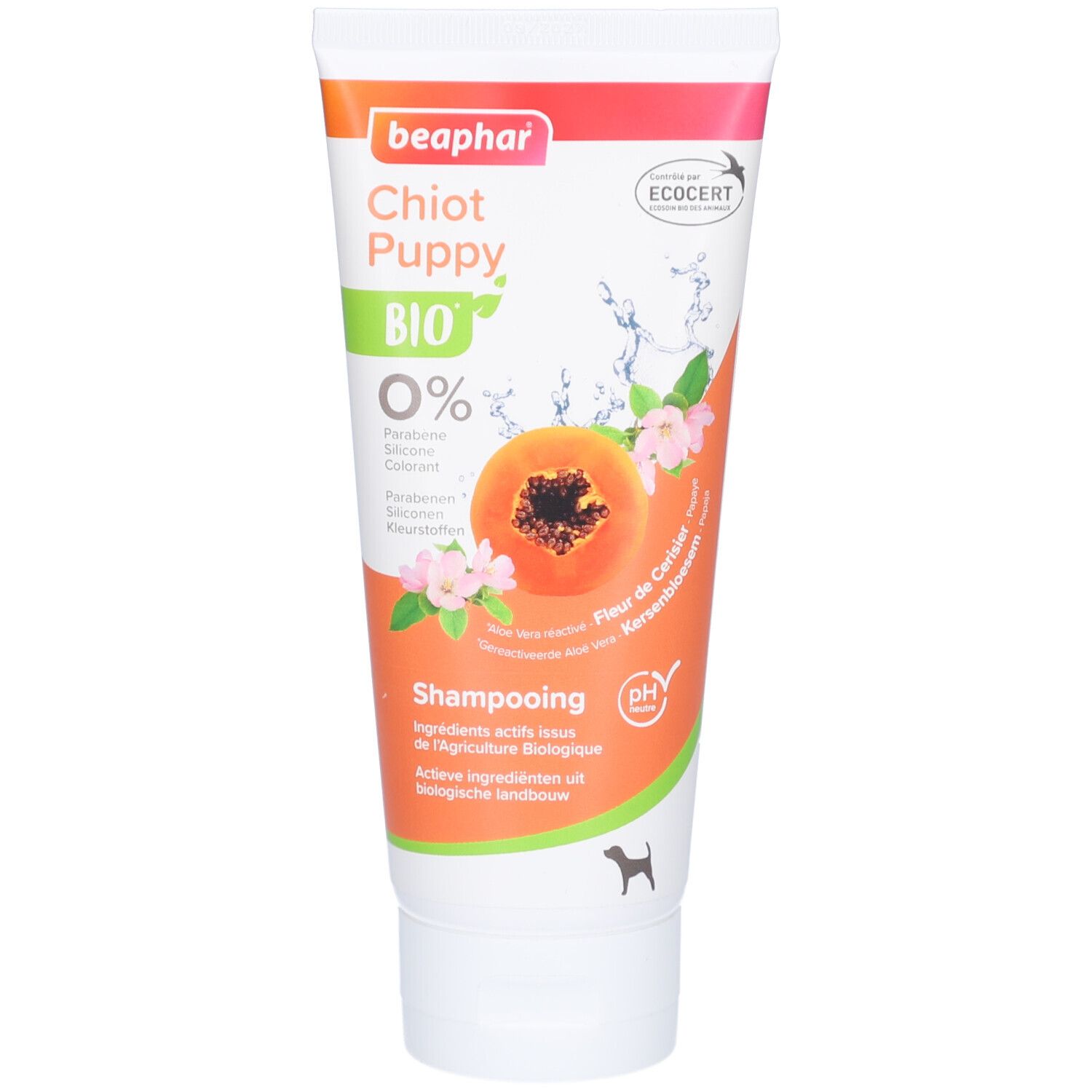 Weiß-orange Tube mit Produktnamen und Logo. BIO-Zertifizierung, Abbildung einer Papaya und Blüten.