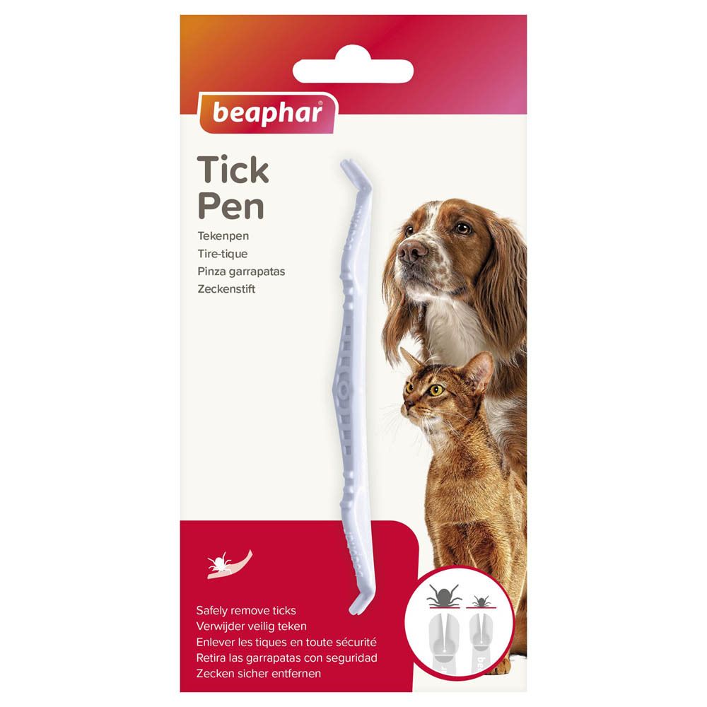 Emballage du stylo anti-tiques. Logo Beaphar. Un chien, un chat et le stylo sont représentés.