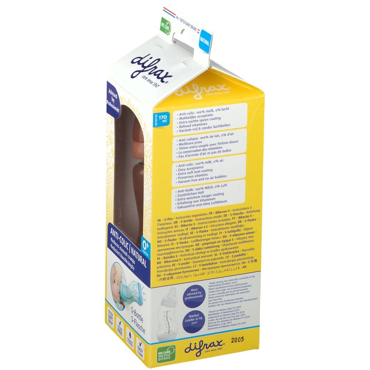 Dos de l'emballage avec informations produit multilingues. Marque difrax, biberon S, 0+ mois.