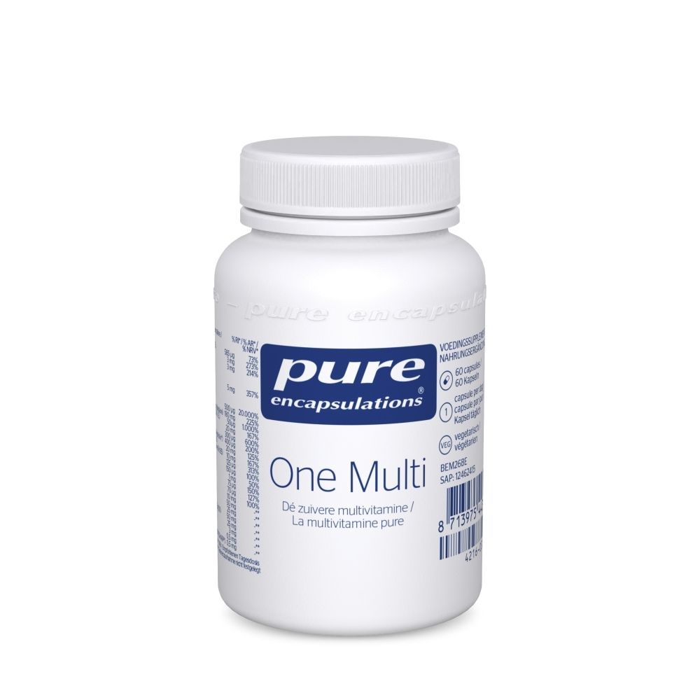 Flacon blanc avec étiquette bleue. Inscription : pure encapsulations One Multi. Contient des multivitamines.