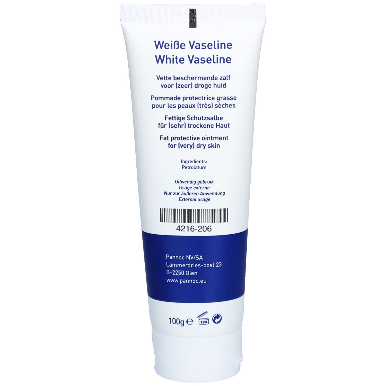 Rückseite der Tube mit Produktinformationen. Text: Weiße Vaseline, White Vaseline. Fettige Schutzsalbe für sehr trockene Haut. Logo: PANNOC.