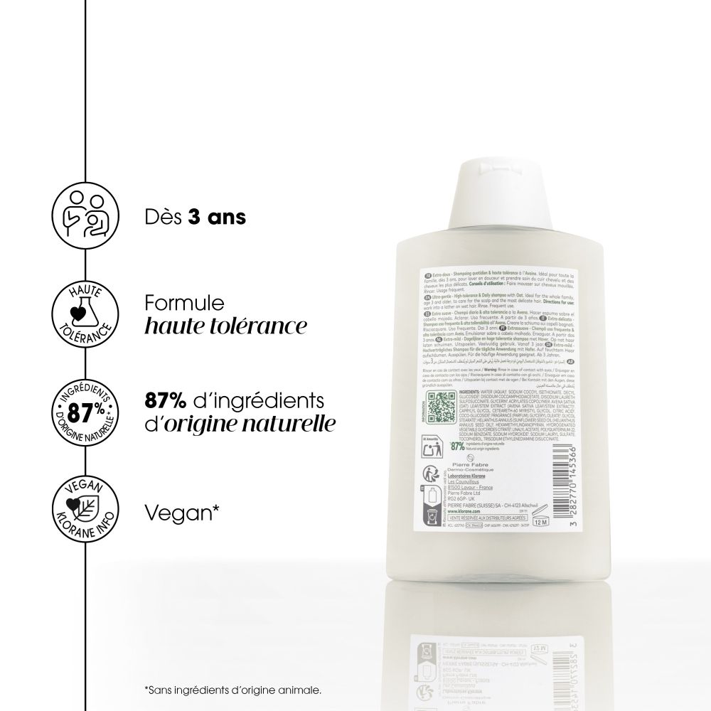 KLORANE Shampoo Ultra-Doux à l'Avoine BIO, 200ml. 87% d'ingrédients d'origine naturelle. Fabriqué in France.