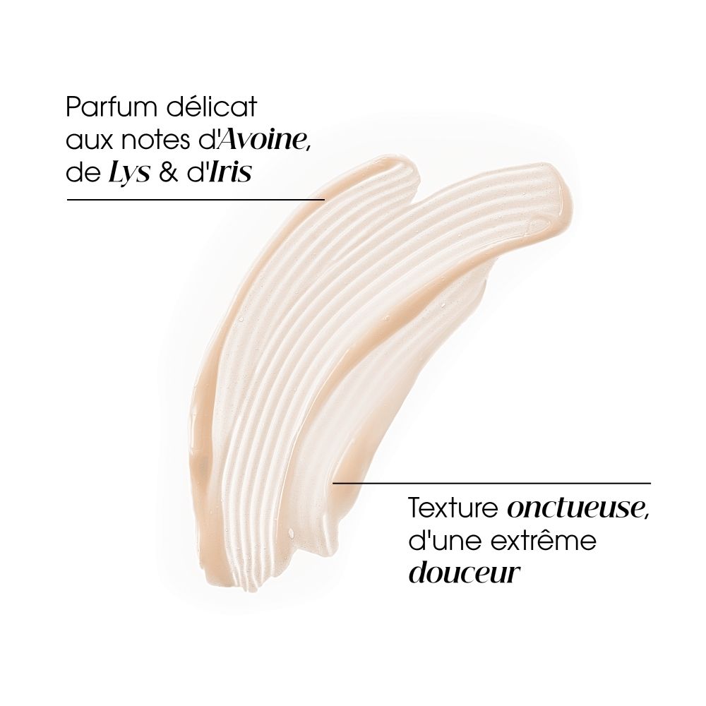 Soin KLORANE à l'avoine : texture onctueuse aux notes délicates d'avoine, lys et iris.