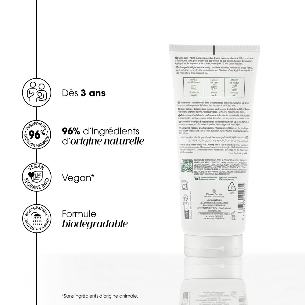 Comparaison de cheveux avant et après l'application du baume Klorane à l'avoine, avec texte en français.
