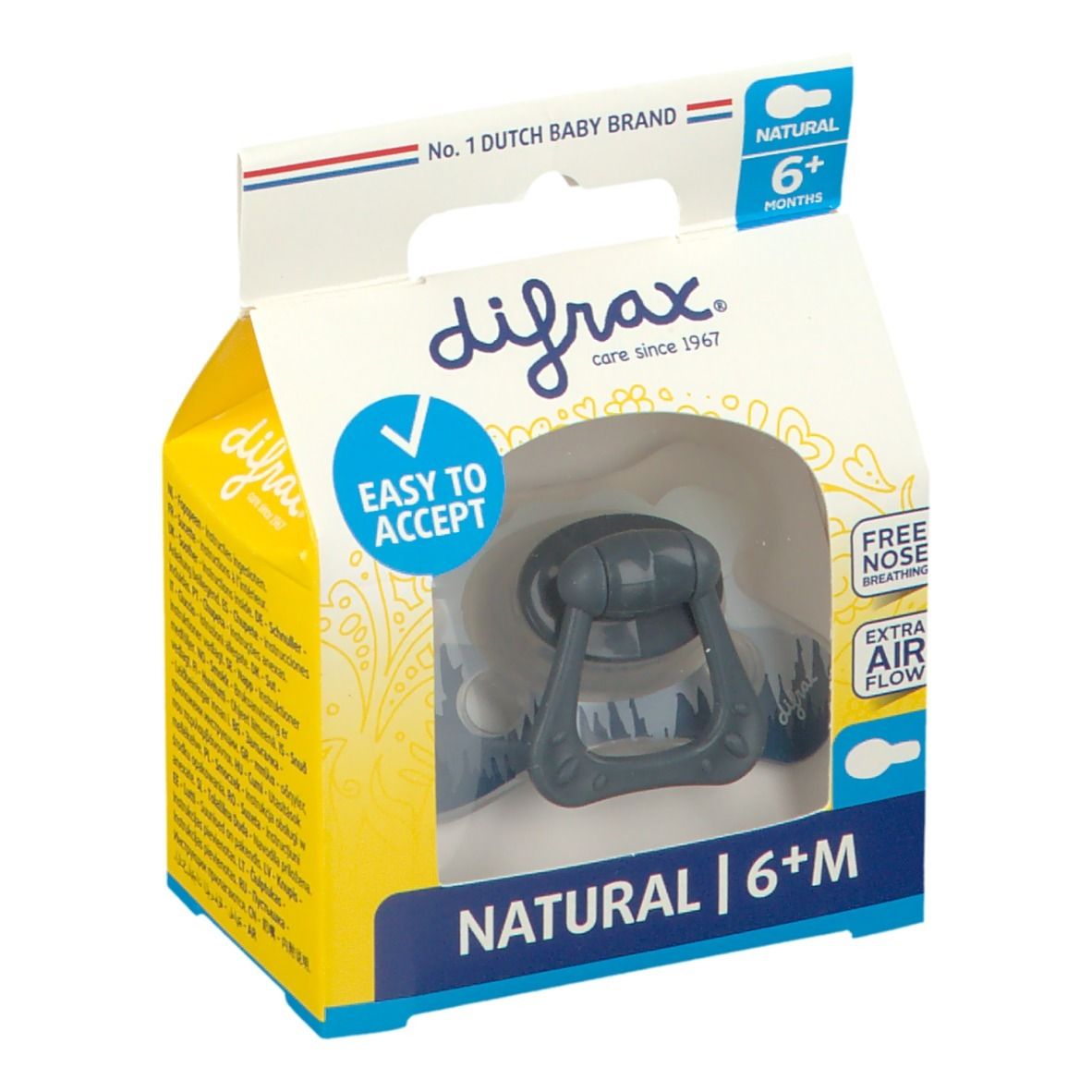 Verpackung mit Schnuller. Sichtbar: Logo, Schriftzug "NATURAL 6+M", "EASY TO ACCEPT", "FREE NOSE BREATHING", "EXTRA AIR FLOW".