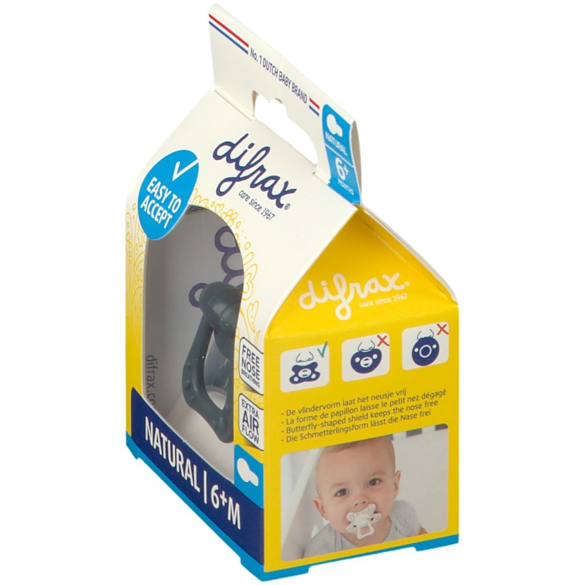 Verpackung mit Schnuller. Sichtbar: Logo, Text "NATURAL 6+M", "EASY TO ACCEPT", "FREE NOSE BREATHING", "EXTRA AIR FLOW". Baby mit Schnuller.