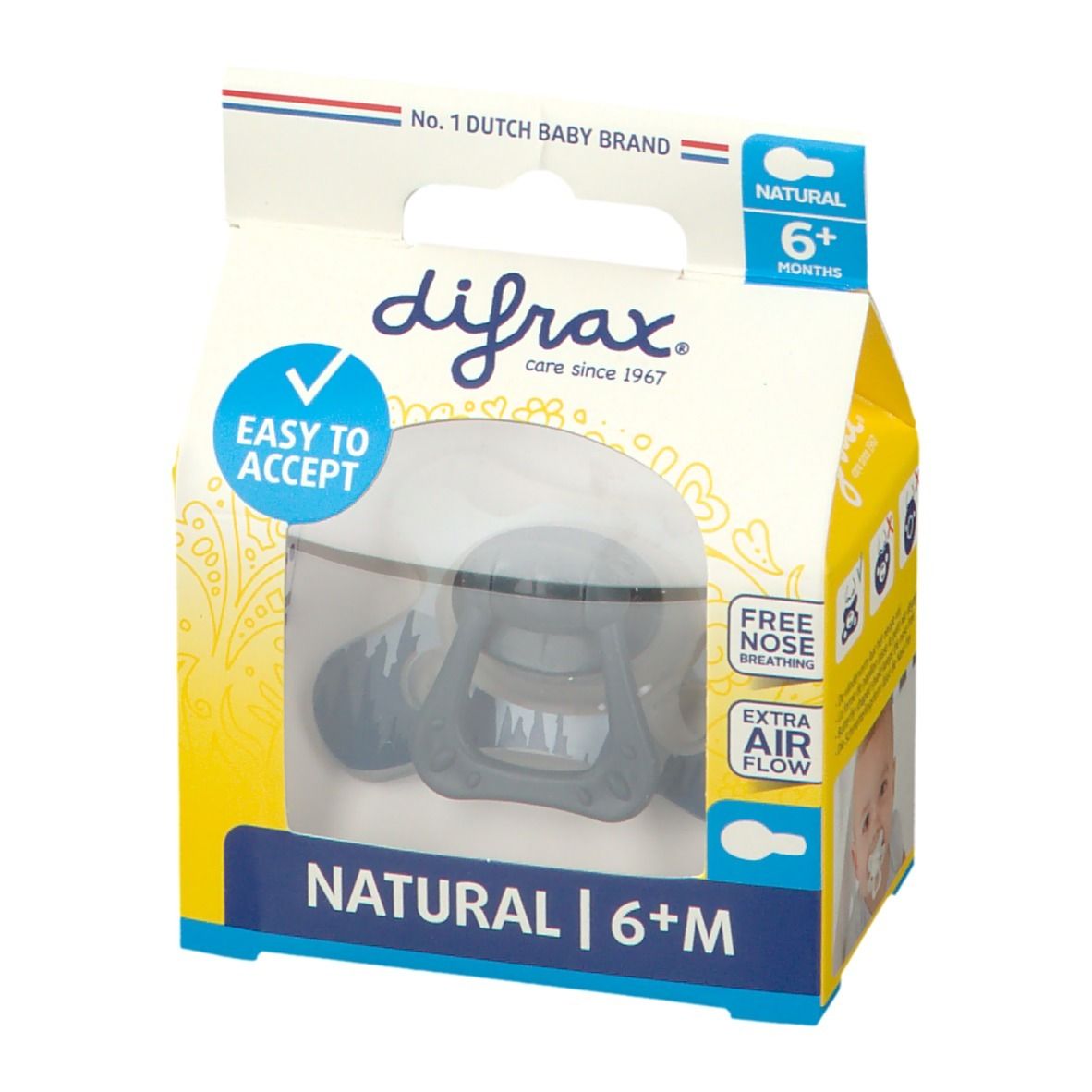 Verpackung mit Schnuller. Sichtbar: Logo, Text "NATURAL 6+M", "EASY TO ACCEPT", "FREE NOSE BREATHING", "EXTRA AIR FLOW".