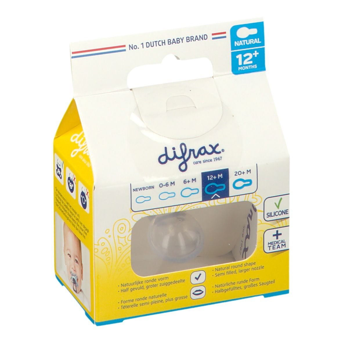 Emballage de sucette. Sucette transparente. Texte: 0-6 M, 6+ M, 12+ M, 20+ M, SILICONE, MEDICAL TEAM. Forme ronde, semi-remplie.