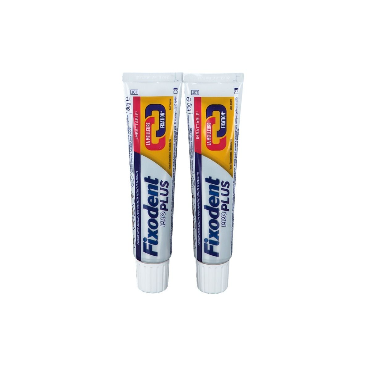 Zwei Tuben Fixodent Pro Plus Haftcreme. Weiße Tuben mit blauer und gelber Beschriftung. Produktname und Logo deutlich sichtbar.