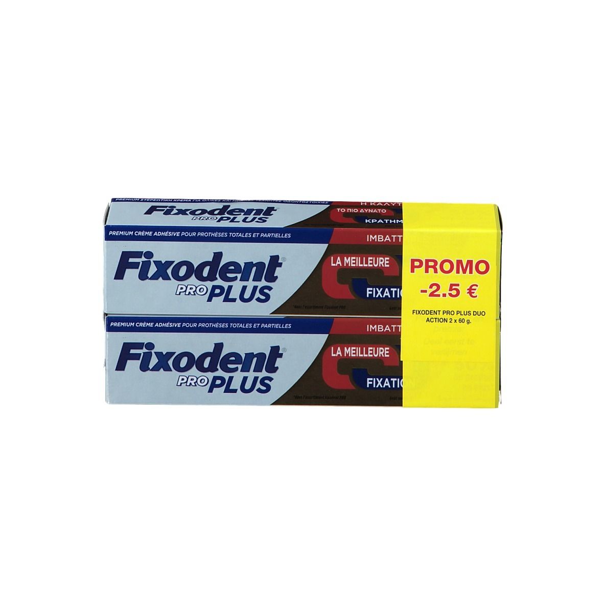 Zwei Packungen Fixodent Pro Plus Haftcreme in einer Box. Gelbe Promo-Box mit Text. Produktname und Logo deutlich sichtbar.