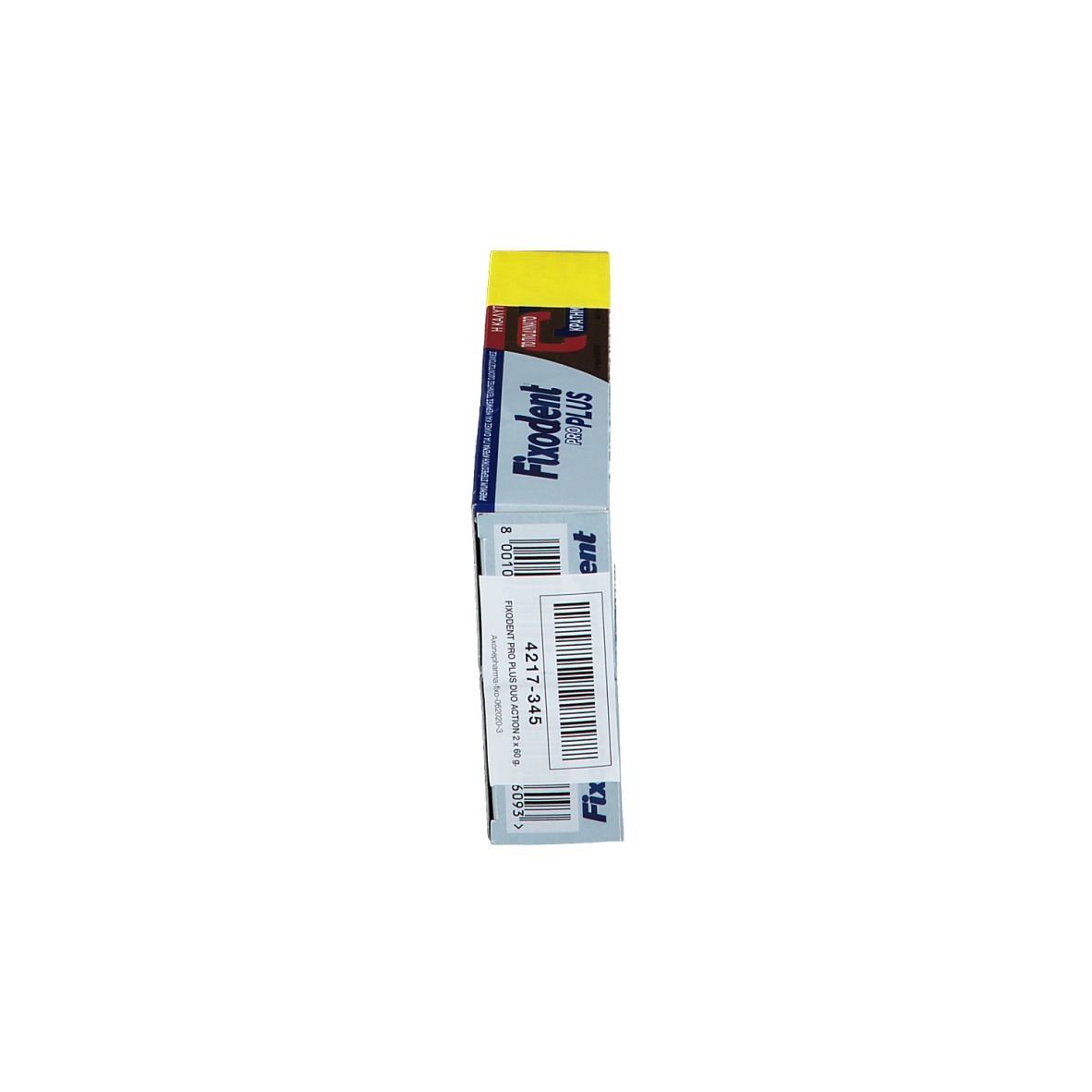 Fixodent Pro Plus Verpackung, Seitenansicht. Gelbe Promo-Box mit Text und Barcode. Produktname und Logo sichtbar.