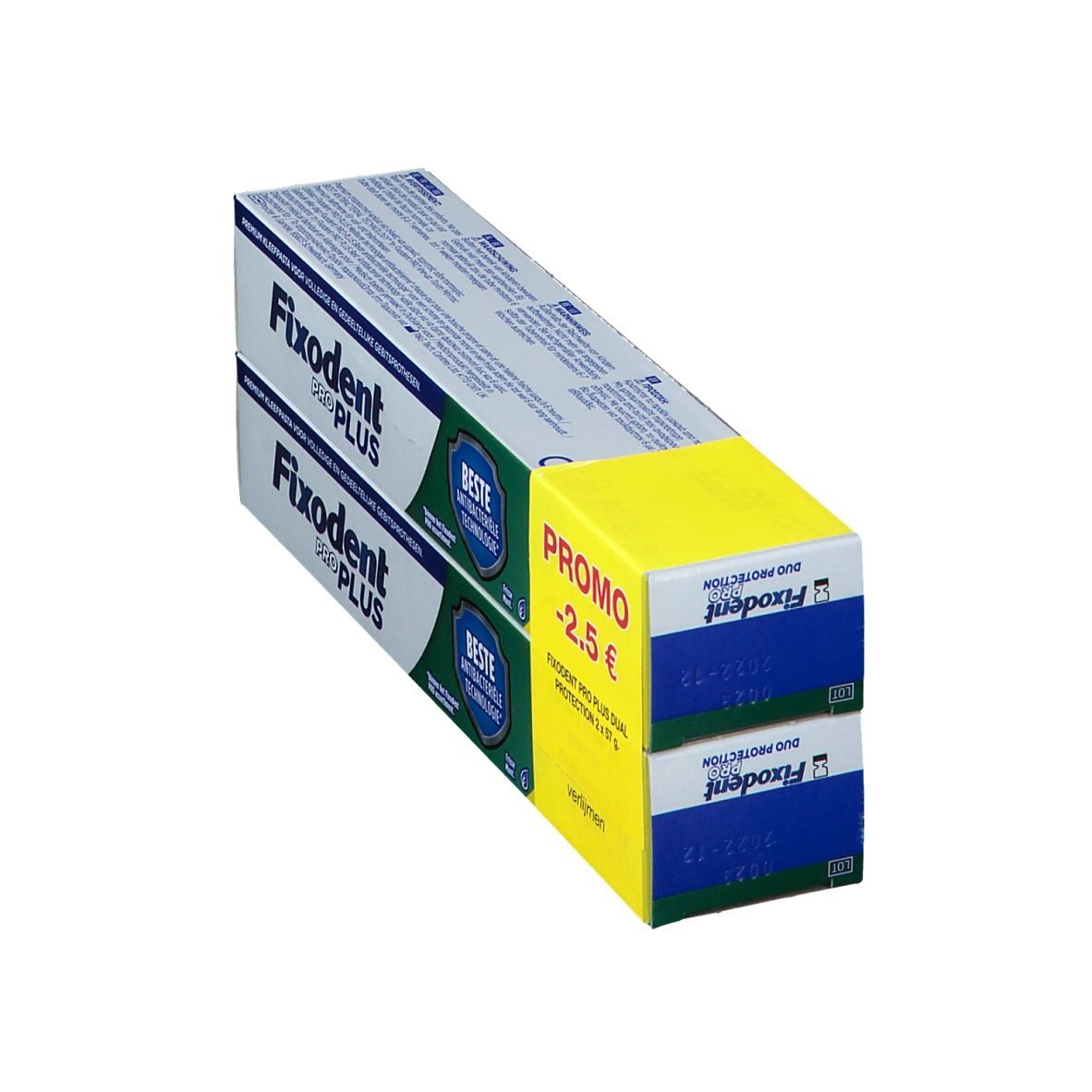 Deux boîtes de Fixodent Pro Plus. Emballage bleu et blanc avec autocollant promo jaune. Texte : "PROMO -2.5 €".