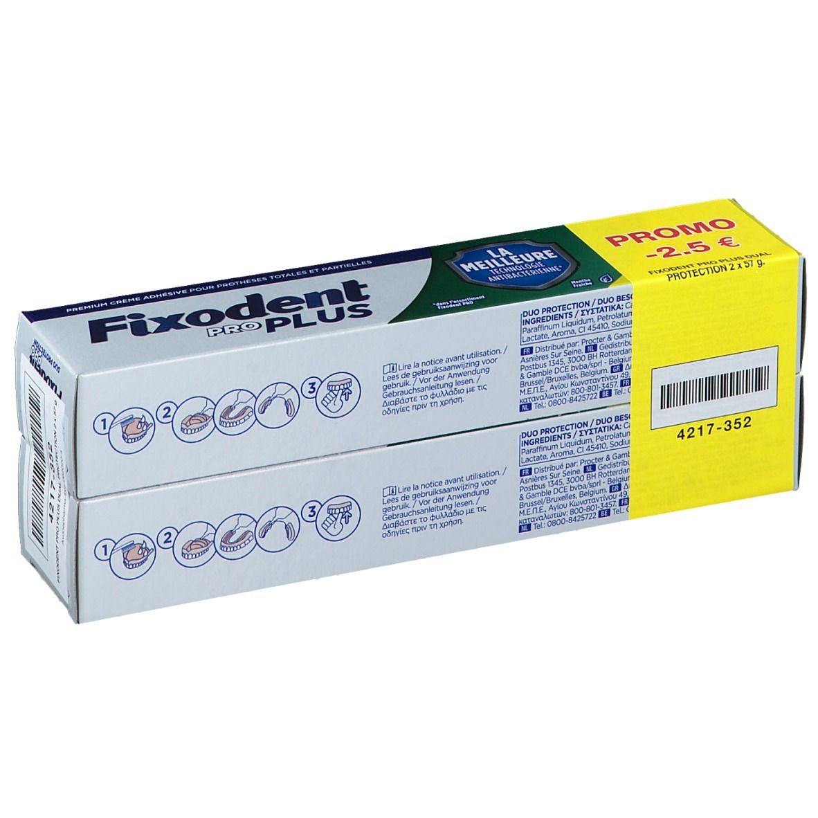 Deux boîtes de Fixodent Pro Plus. Emballage bleu et blanc avec autocollant promo jaune. Texte : "PROMO -2.5 €".