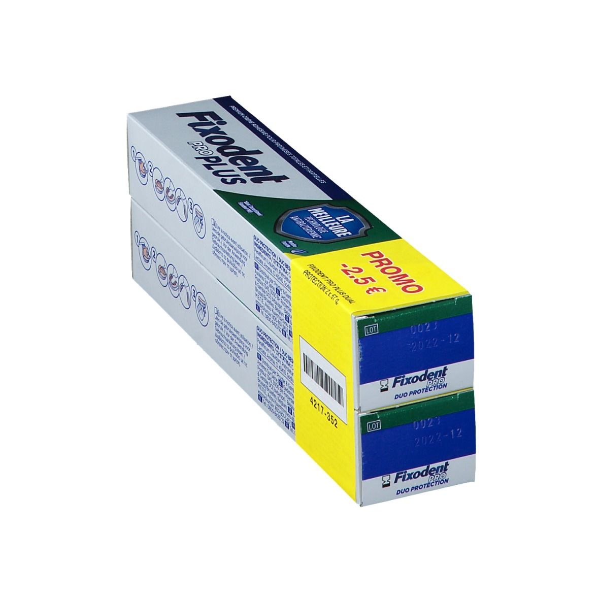 Deux boîtes de Fixodent Pro Plus. Emballage bleu et blanc avec autocollant promo jaune. Texte : "PROMO -2.5 €".