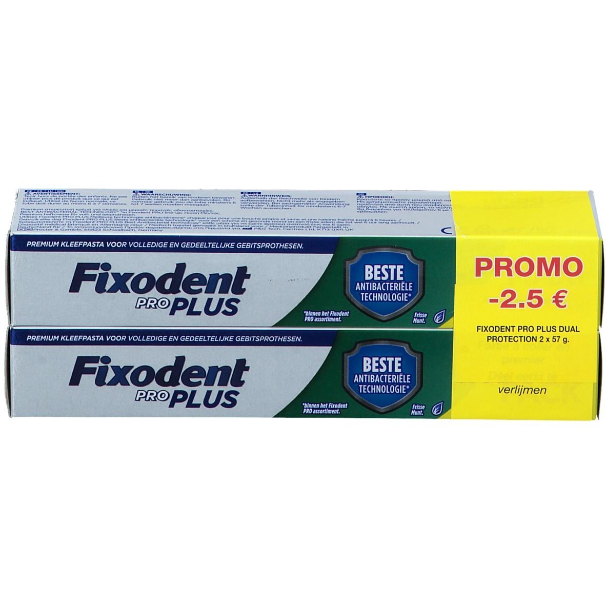 Deux boîtes de Fixodent Pro Plus. Emballage bleu et blanc avec autocollant promo jaune. Texte : "PROMO -2.5 €".