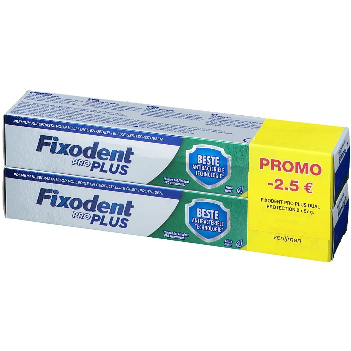 Deux boîtes de Fixodent Pro Plus. Emballage bleu et blanc avec autocollant promo jaune. Texte : "PROMO -2.5 €".