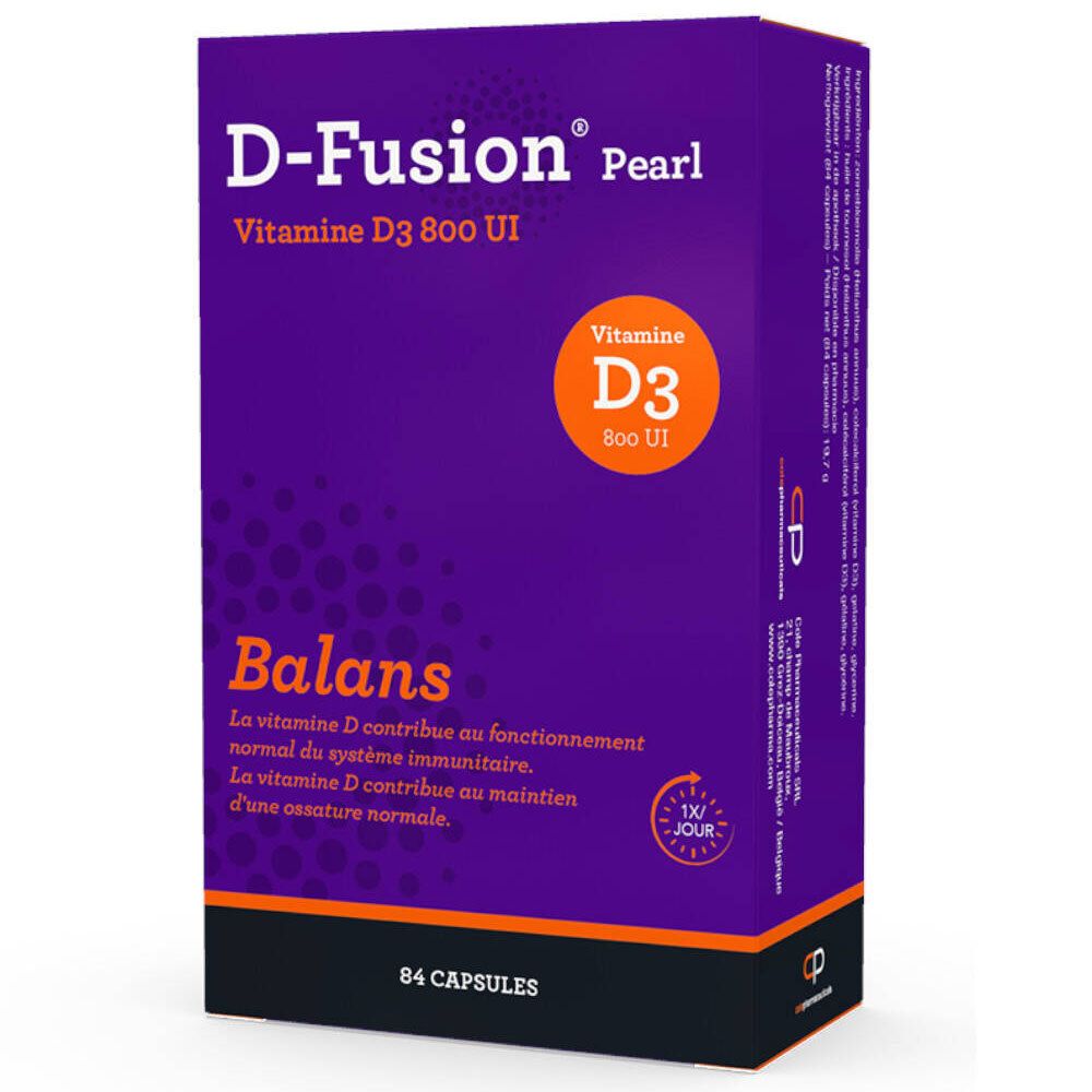 D-Fusion Pearl-Verpackung. Enthält 84 Kapseln Vitamin D3 800 IE. Lila Schachtel mit weißer und orangefarbener Schrift.