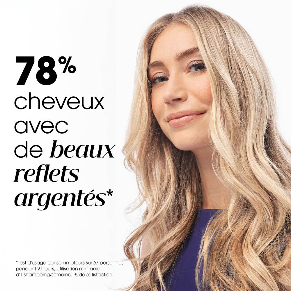 Femme blonde aux cheveux blonds. Texte : 78% de cheveux avec de beaux reflets argentés.