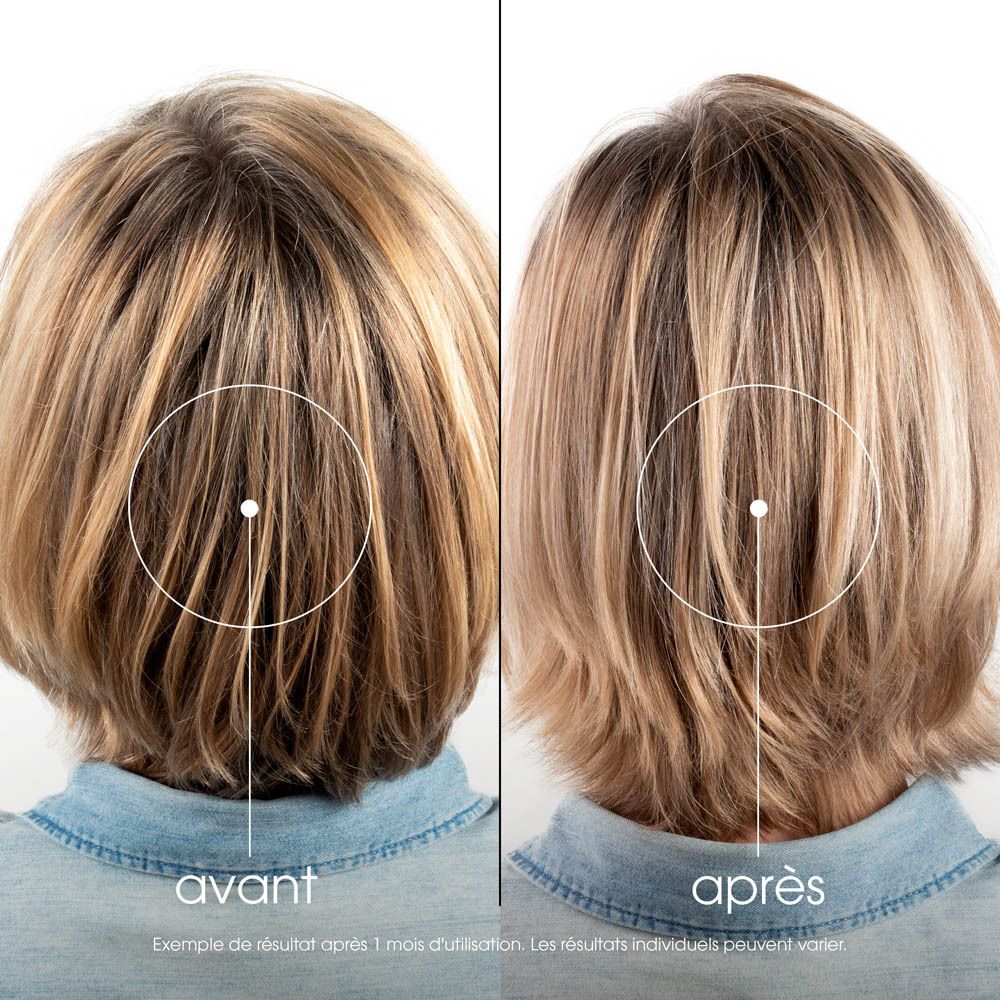 Image avant-après de cheveux blonds. Texte : résultats après 1 mois d'utilisation.