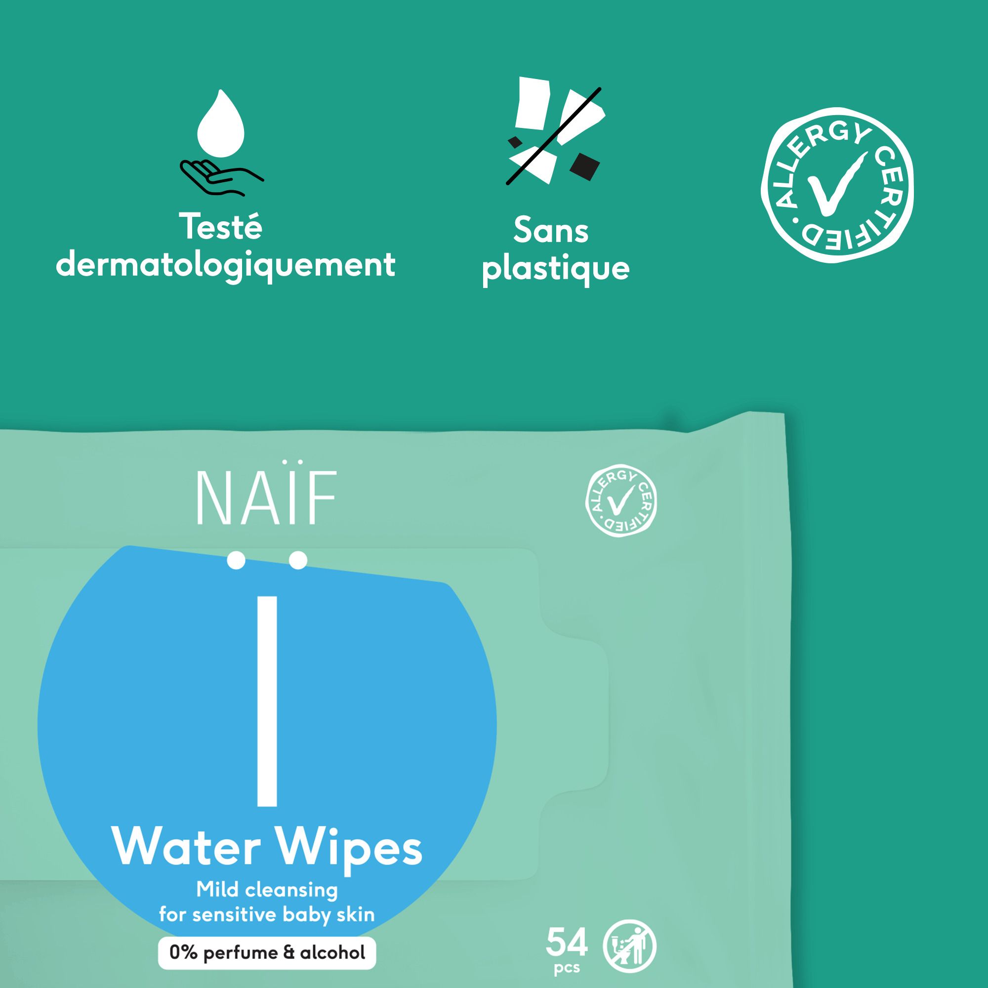 Paquet de lingettes NAÏF Water Wipes avec une lingette, 99% eau, 0% parfum & alcool.