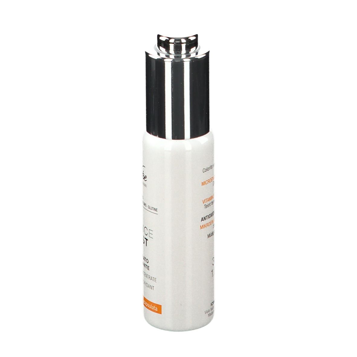 Flacon blanc avec bouchon argenté. Inscription: DEFENCE BOOST, concentré. Marque: BioNike.
