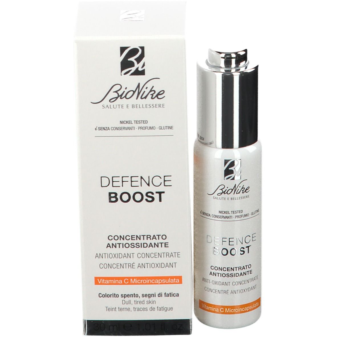 Flacon et emballage du produit. Inscription: DEFENCE BOOST, concentré. Marque: BioNike.