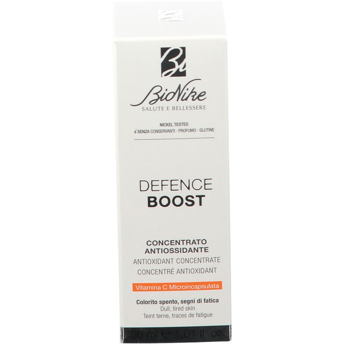 Emballage du produit. Inscription: DEFENCE BOOST, concentré. Marque: BioNike.