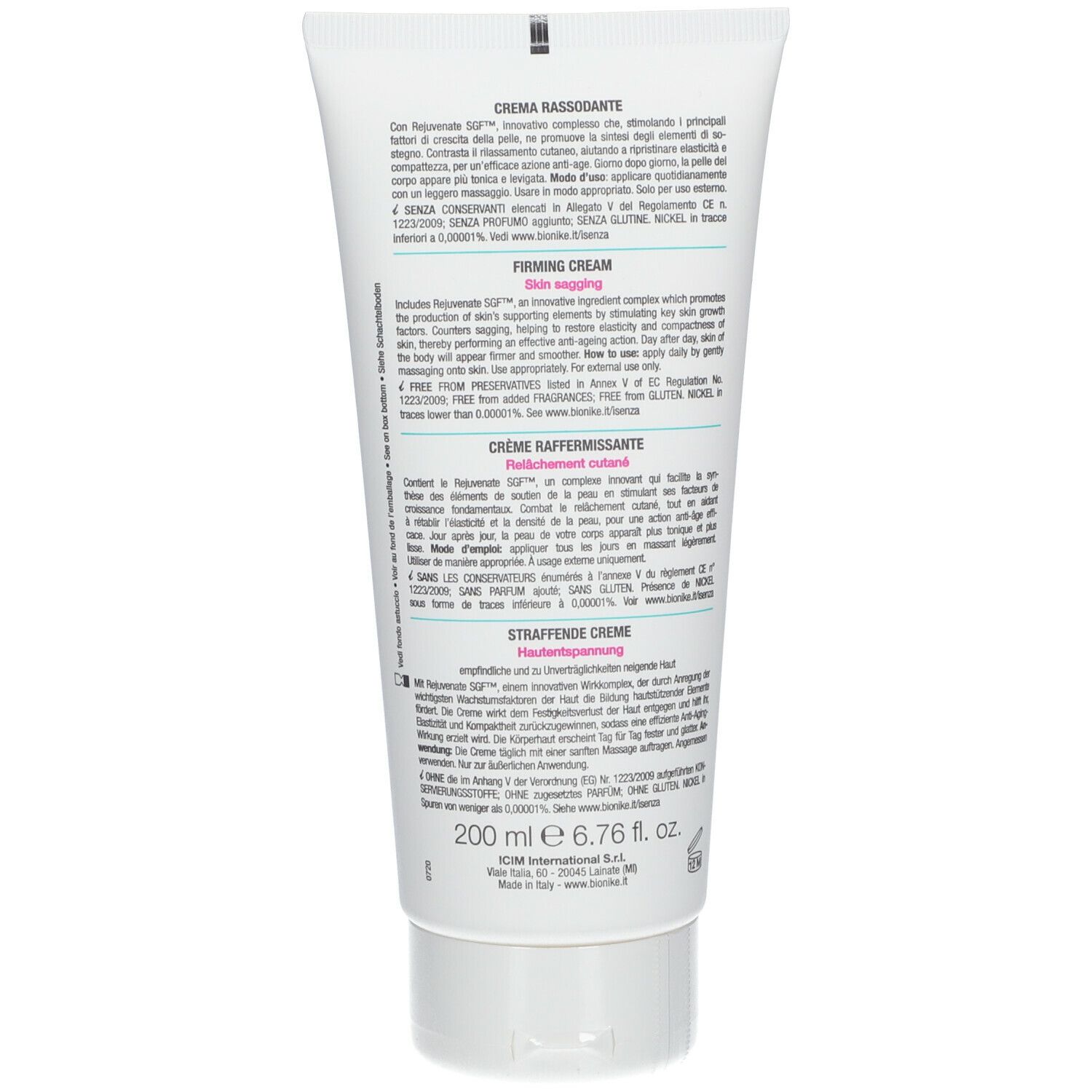 Rückseite der weißen Tube. Text: Creme RASSODANTE, Firming Cream, Straffende Creme. Inhaltsstoffe und Anwendungshinweise.
