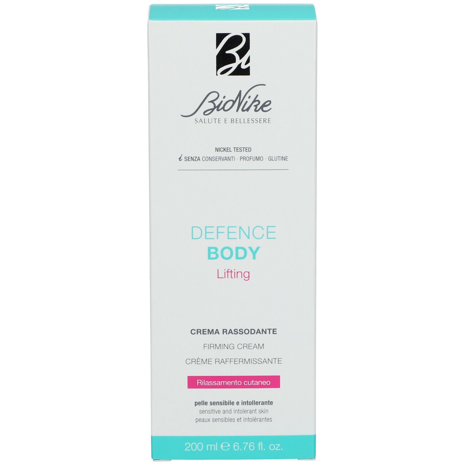 Weiße Verpackung mit Produktnamen und Logo. Text: DEFENCE BODY Lifting, Creme RASSODANTE, Firming Cream. 200 ml.