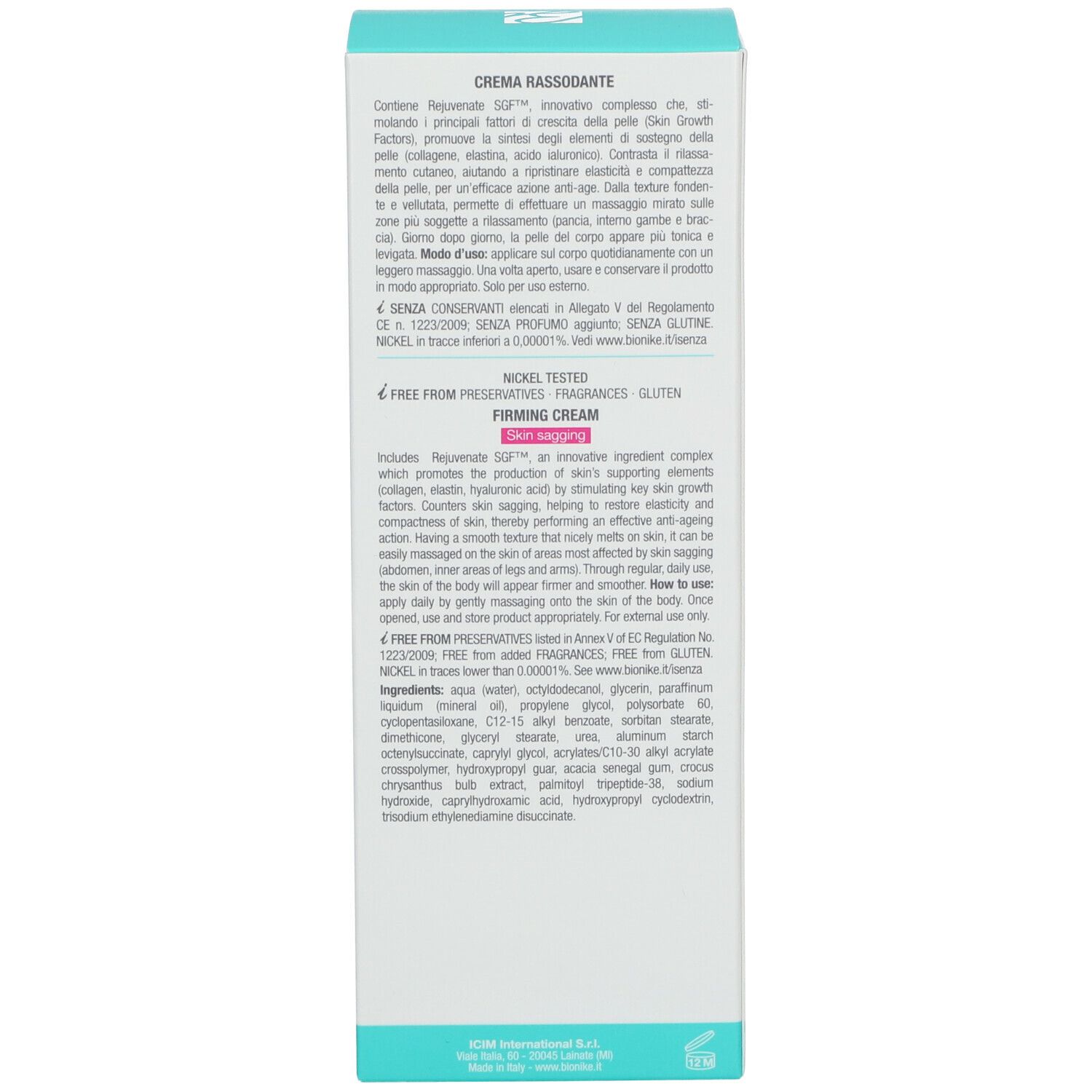 Rückseite der Verpackung. Text: Creme RASSODANTE, Firming Cream. Inhaltsstoffe, Anwendungshinweise und Herstellerinformationen.
