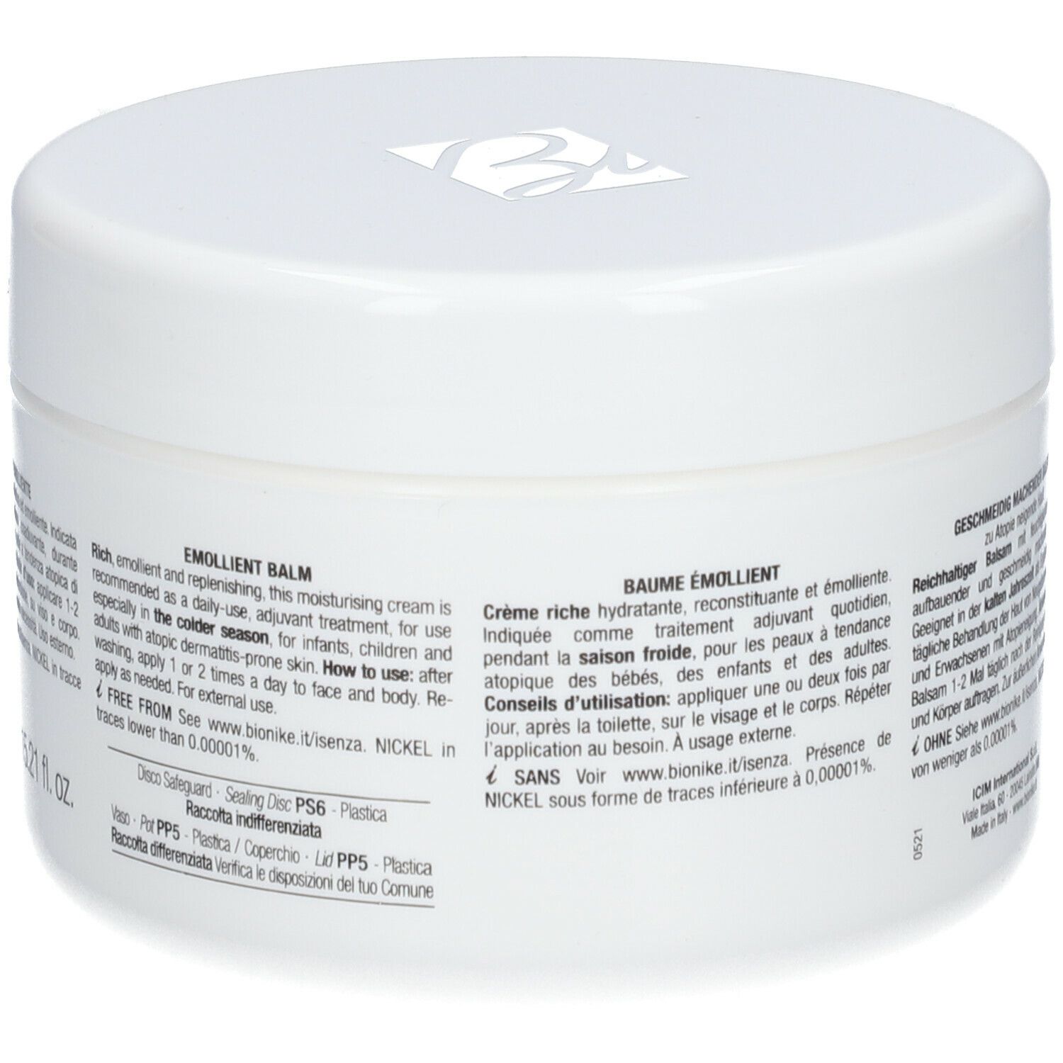Weißer Tiegel mit Produktinformationen. Aufschrift: Emollient Balm. Für atopische Haut. Nickel getestet.
