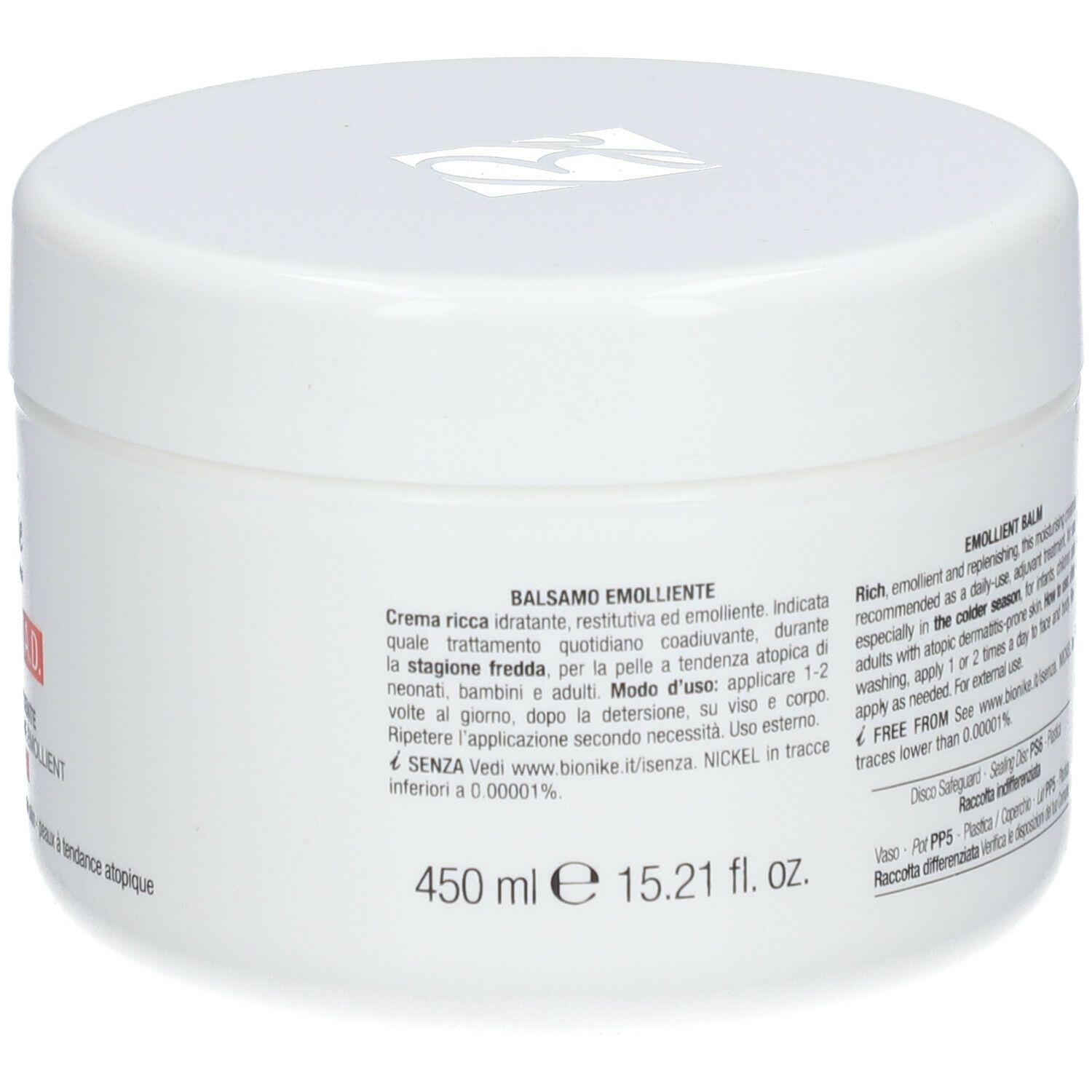 Weißer Tiegel mit Produktinformationen. Aufschrift: Balsamo Emolliente. Für atopische Haut. 450 ml.
