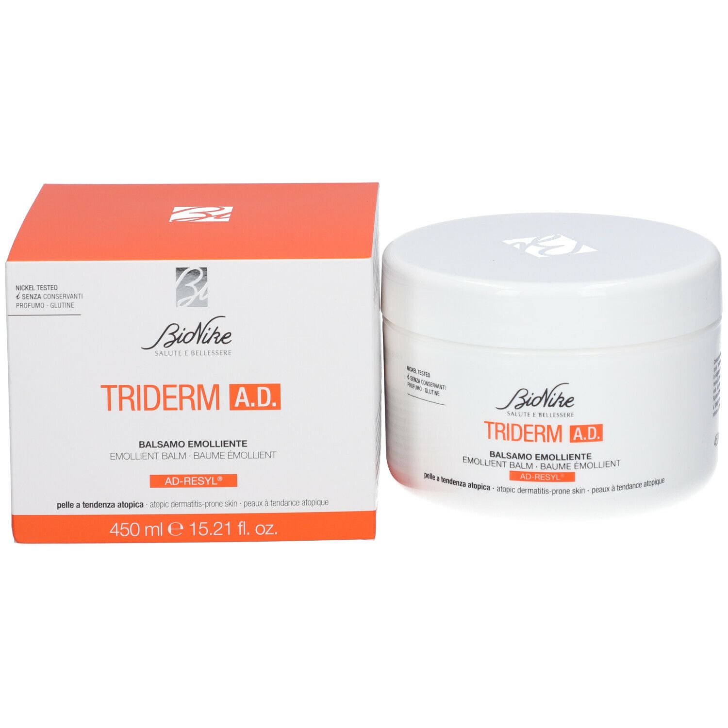 BioNike TRIDERM A.D. Balsam und Verpackung. Weißer Tiegel und orangefarbene Schachtel. 450 ml.