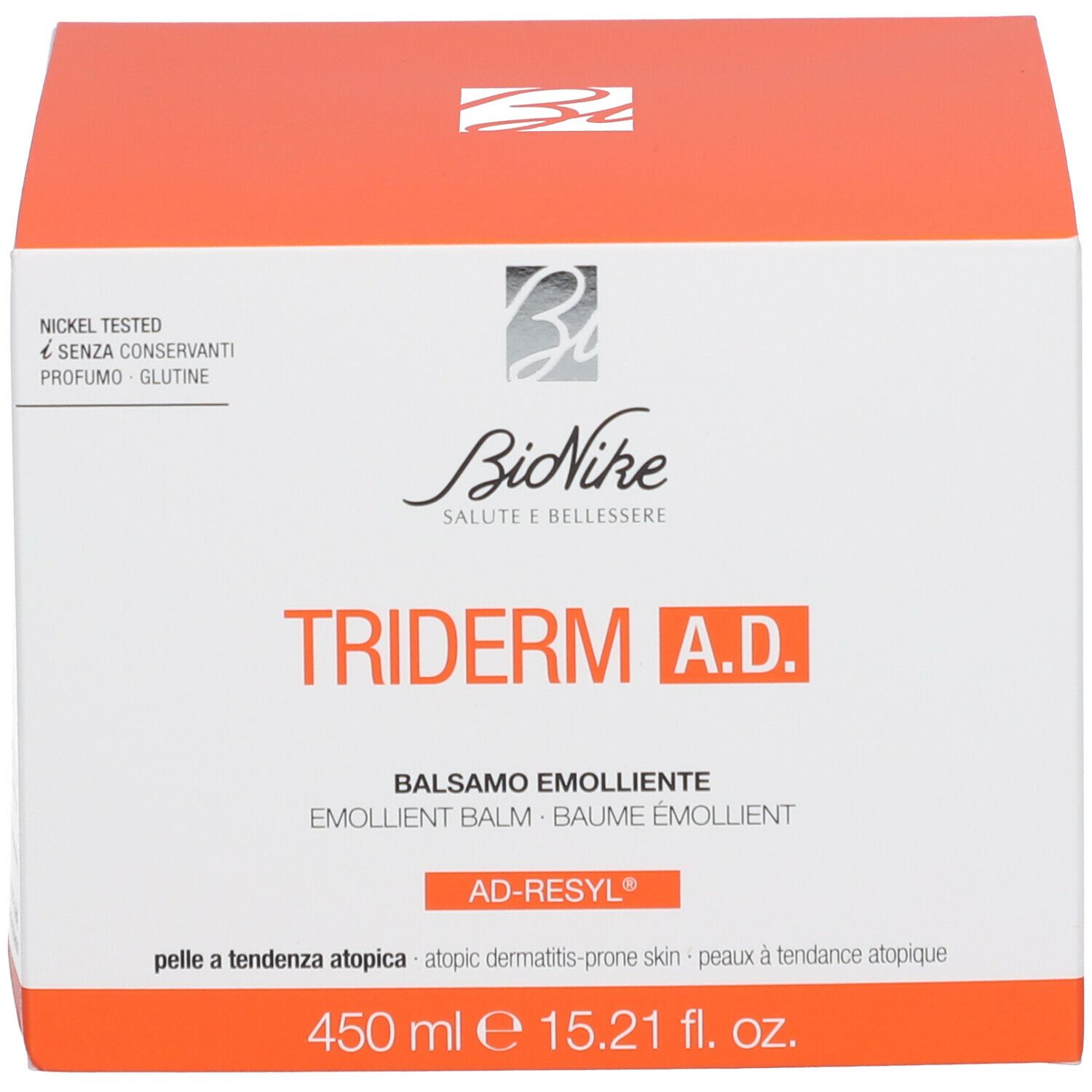 Orangefarbene Schachtel mit BioNike TRIDERM A.D. Aufschrift: Balsamo Emolliente. Für atopische Haut. 450 ml.