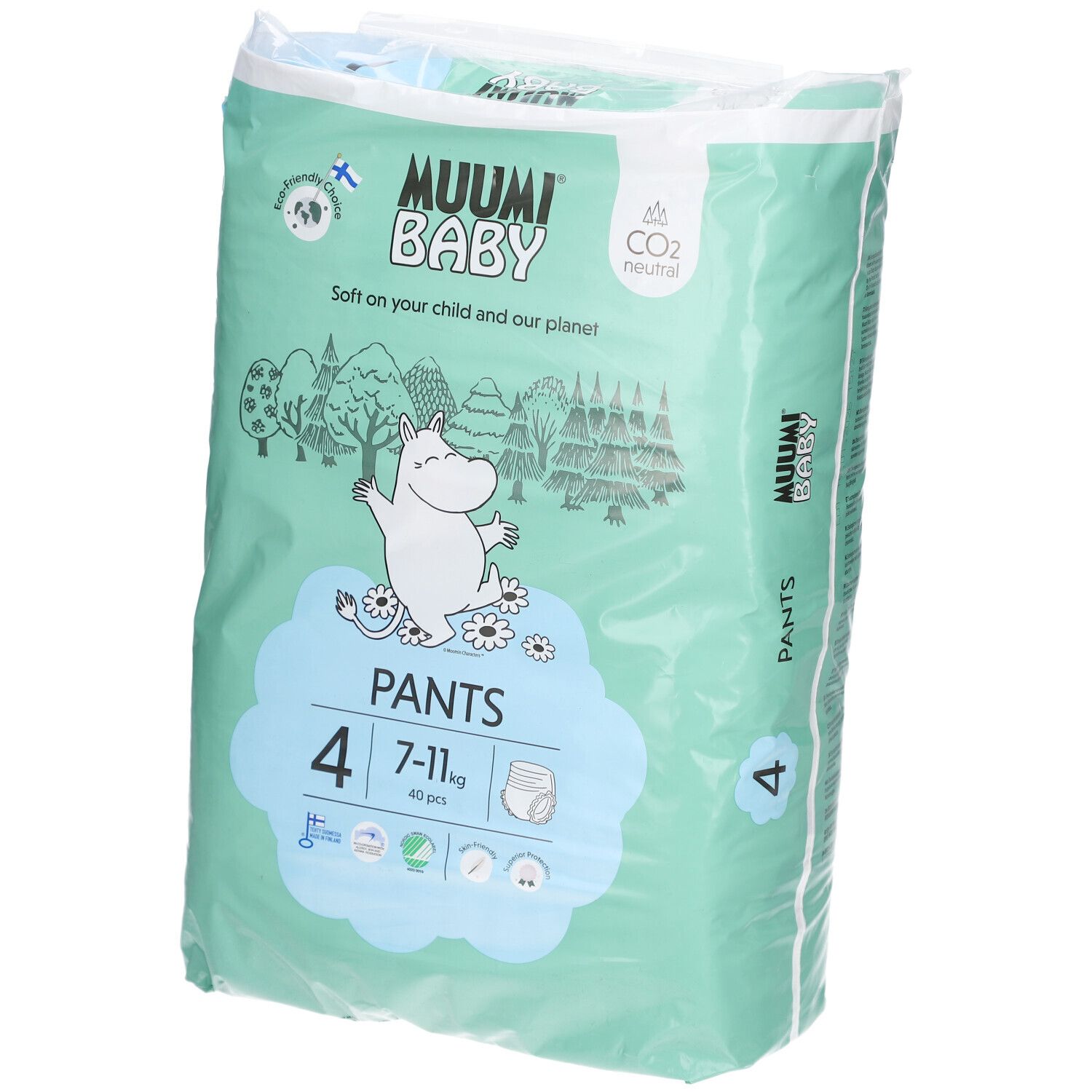 Verpackung mit Baby Pants. Marke Muumi Baby. Größe 4, 7-11 kg. Mit Illustrationen und CO2 neutral.