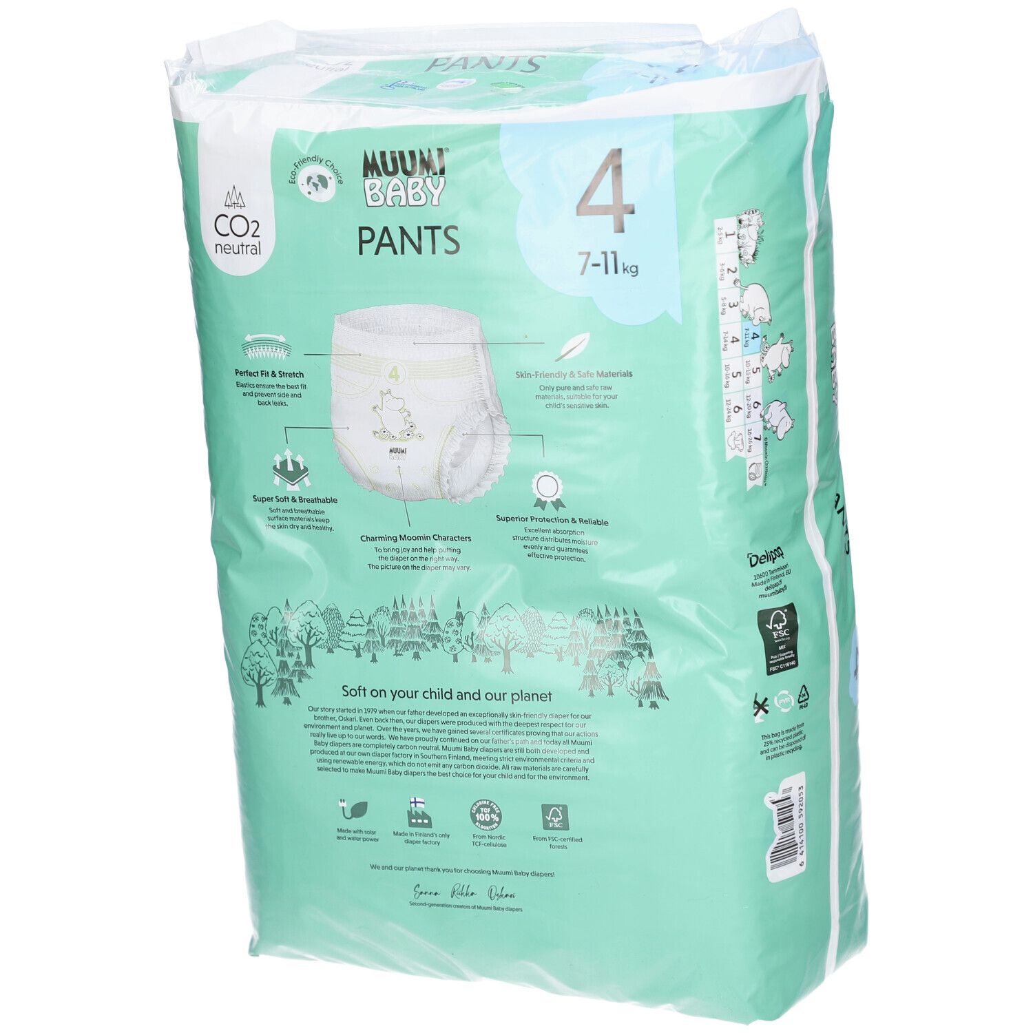 Rückseite der Verpackung mit Baby Pants. Marke Muumi Baby. Größe 4, 7-11 kg. Produktmerkmale.