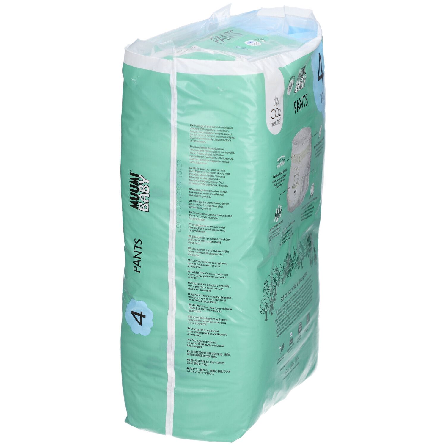 Verpackung mit Baby Pants. Marke Muumi Baby. Größe 4, 7-11 kg. Mit Illustrationen.