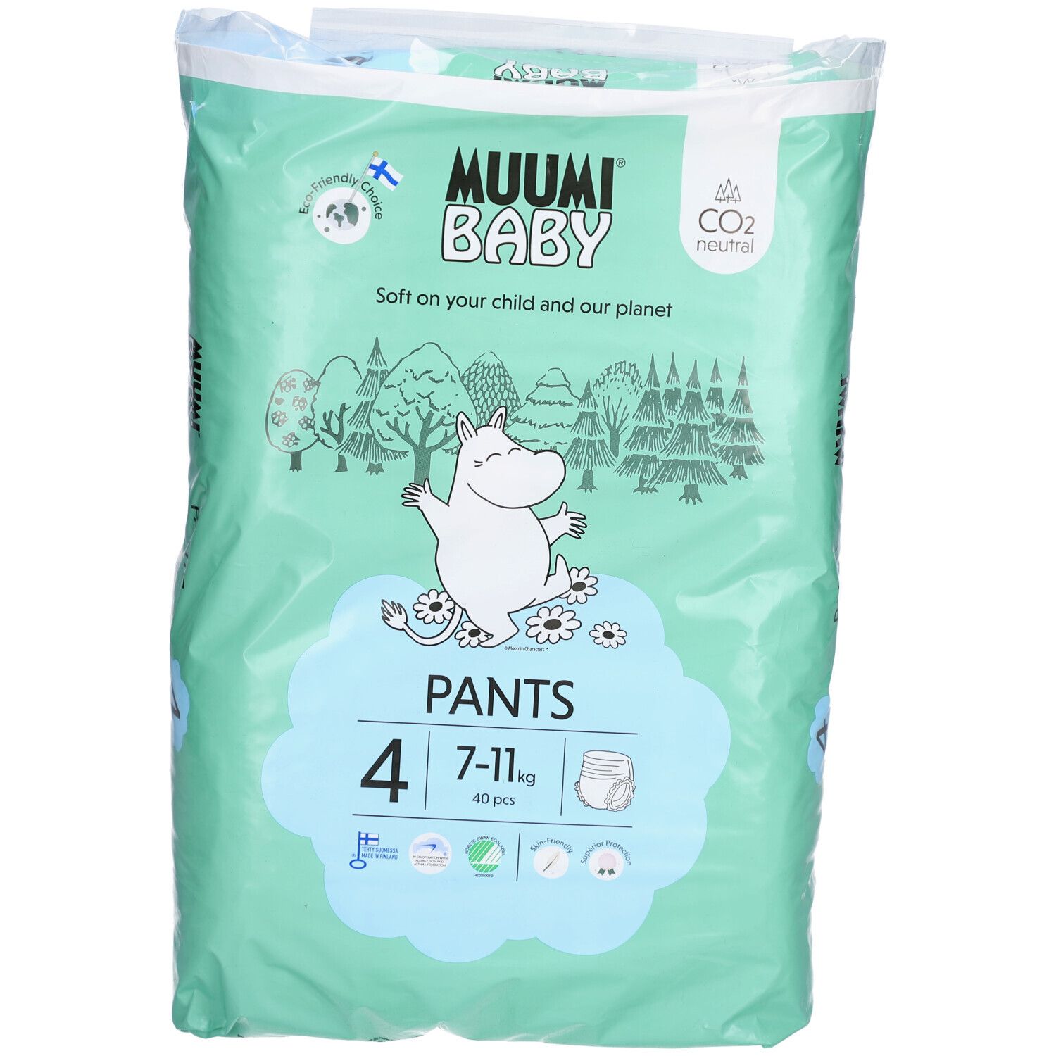 Verpackung mit Baby Pants. Marke Muumi Baby. Größe 4, 7-11 kg. Mit Illustrationen und CO2 neutral.