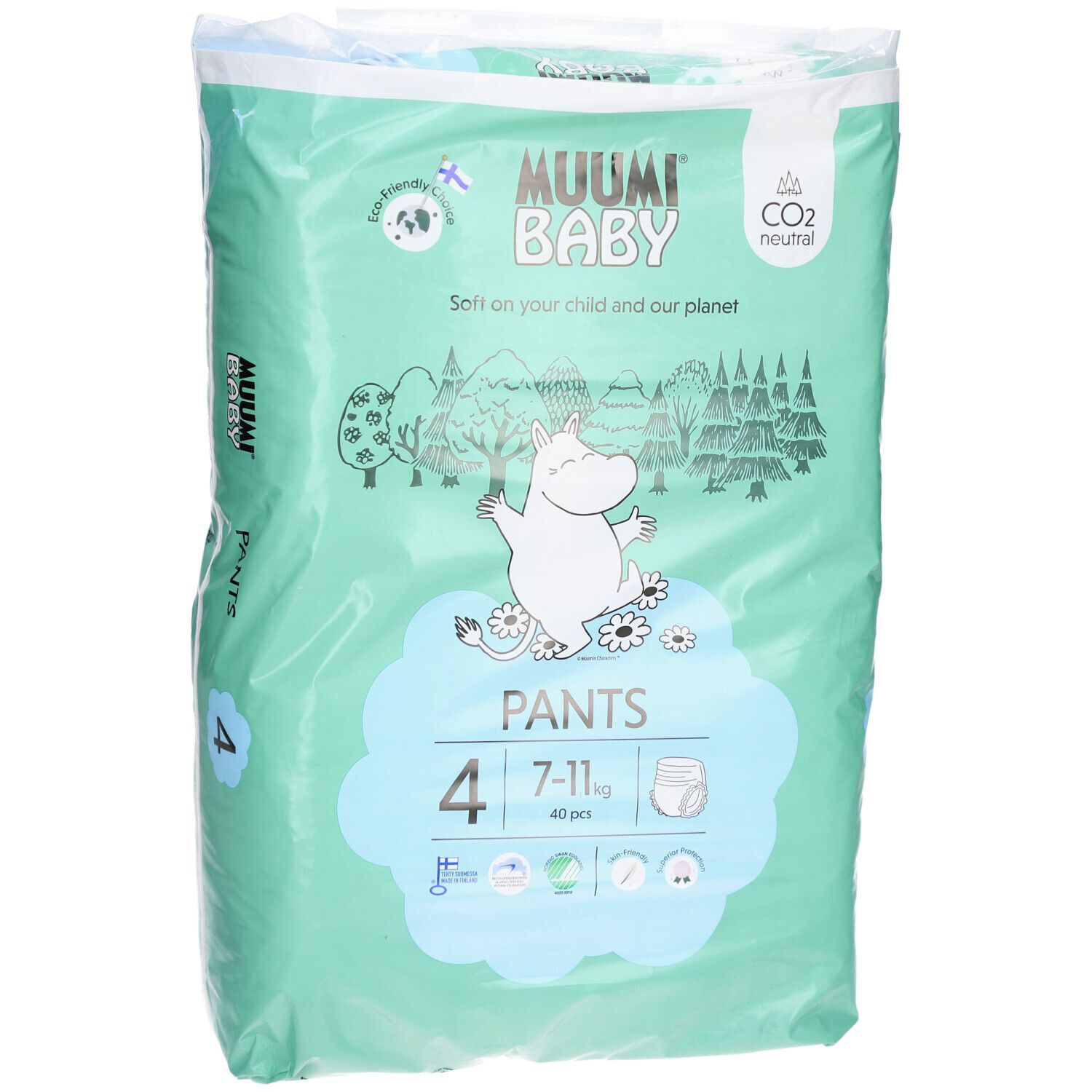 Verpackung mit Baby Pants. Marke Muumi Baby. Größe 4, 7-11 kg. Mit Illustrationen und CO2 neutral.