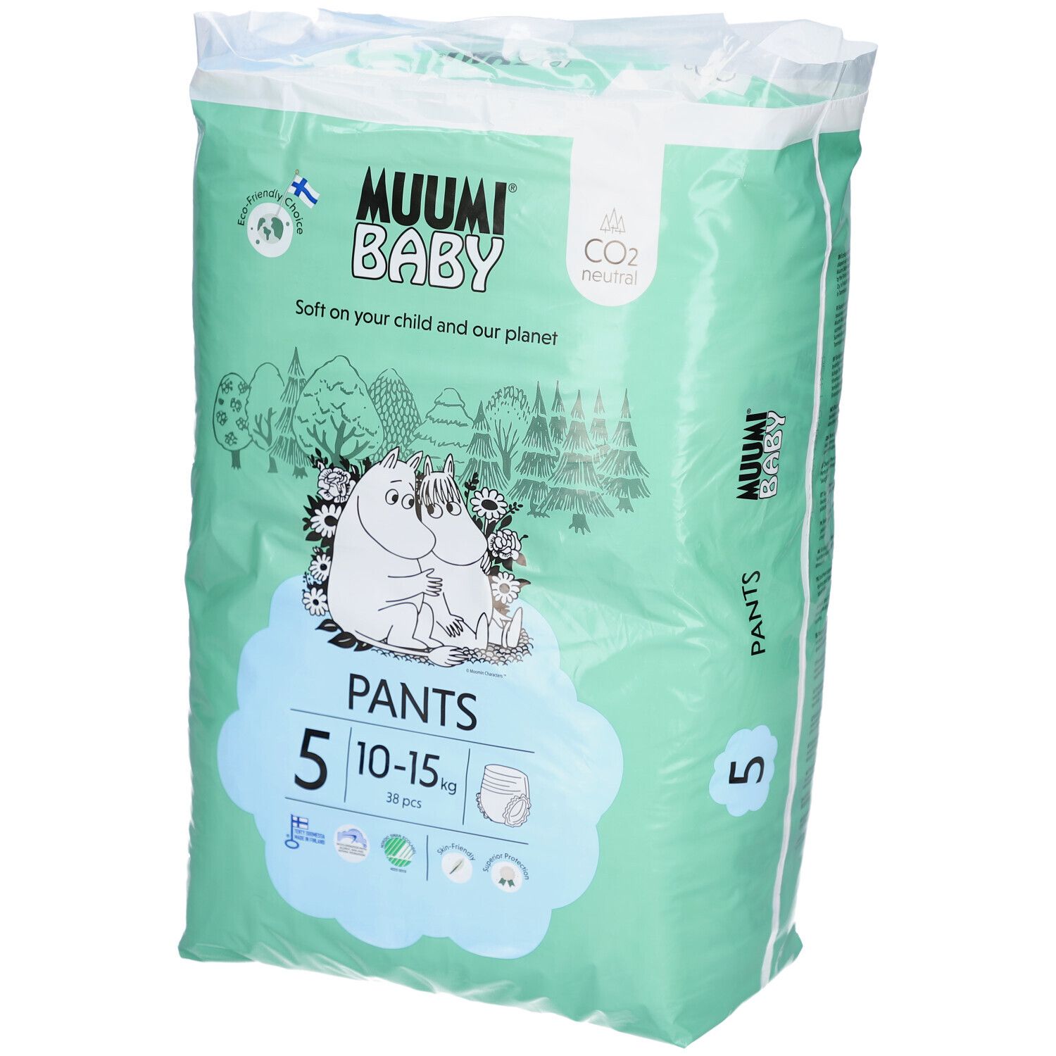 Grüne Verpackung mit Aufdruck. Enthält Windelhosen. Marke: Muumi Baby. Größe 5, 10-15 kg. Abbildung von Mumin-Figuren. CO2-neutral.