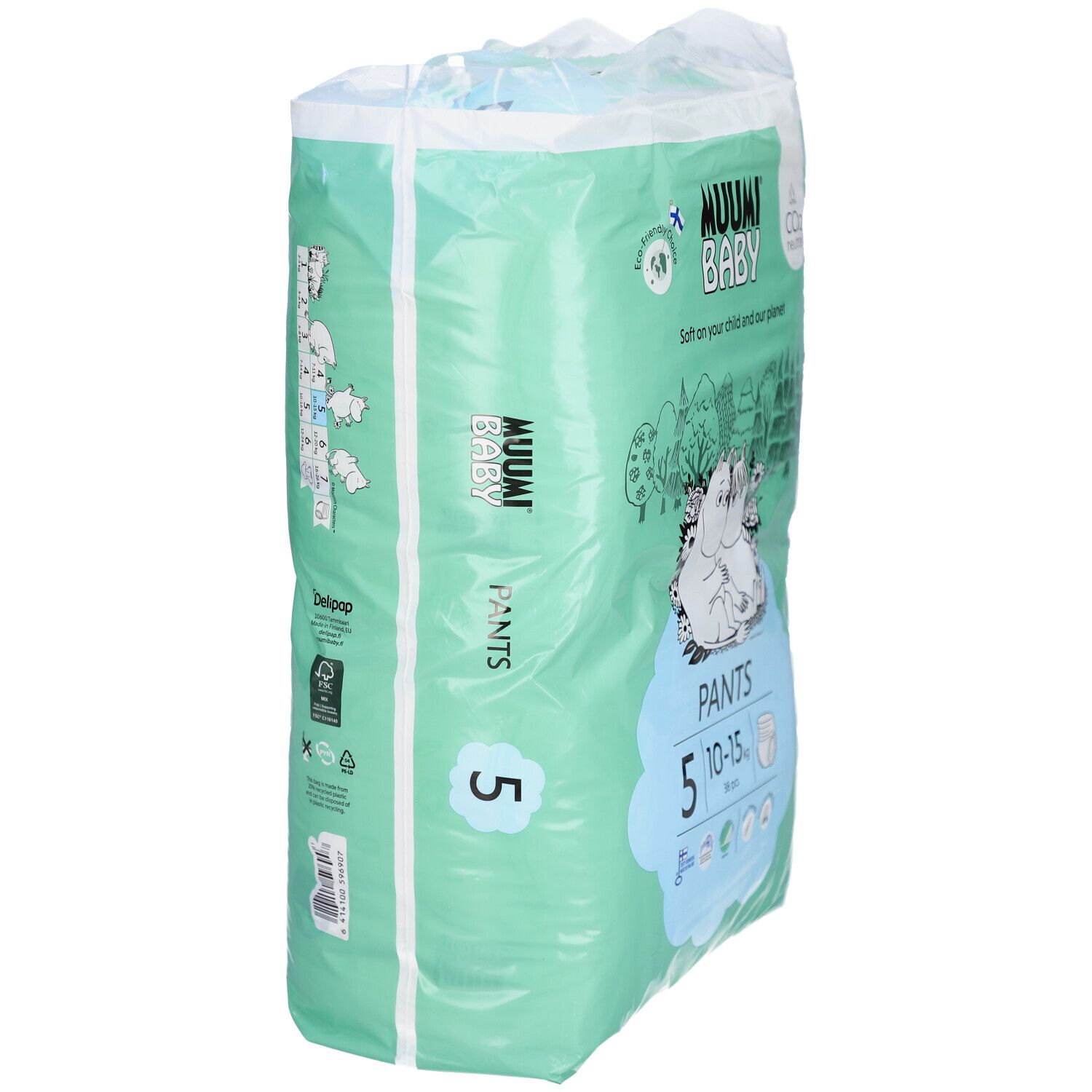 Grüne Verpackung mit Windelhosen. Marke: Muumi Baby. Größe 5, 10-15 kg. Abbildung von Mumin-Figuren. CO2-neutral. Seitenansicht.