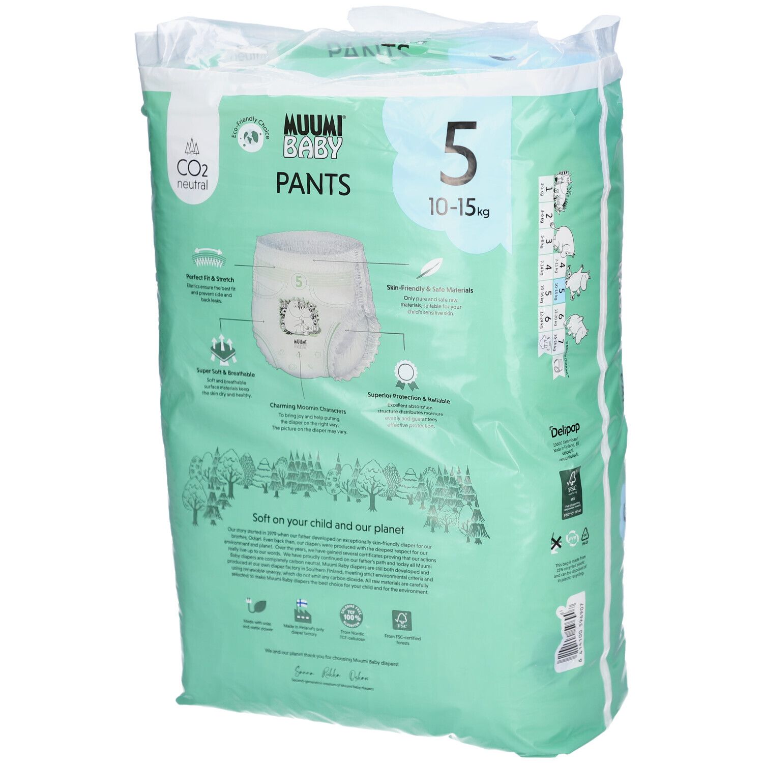 Grüne Verpackung mit Windelhosen. Marke: Muumi Baby. Größe 5, 10-15 kg. Abbildung von Mumin-Figuren. CO2-neutral. Produktmerkmale.