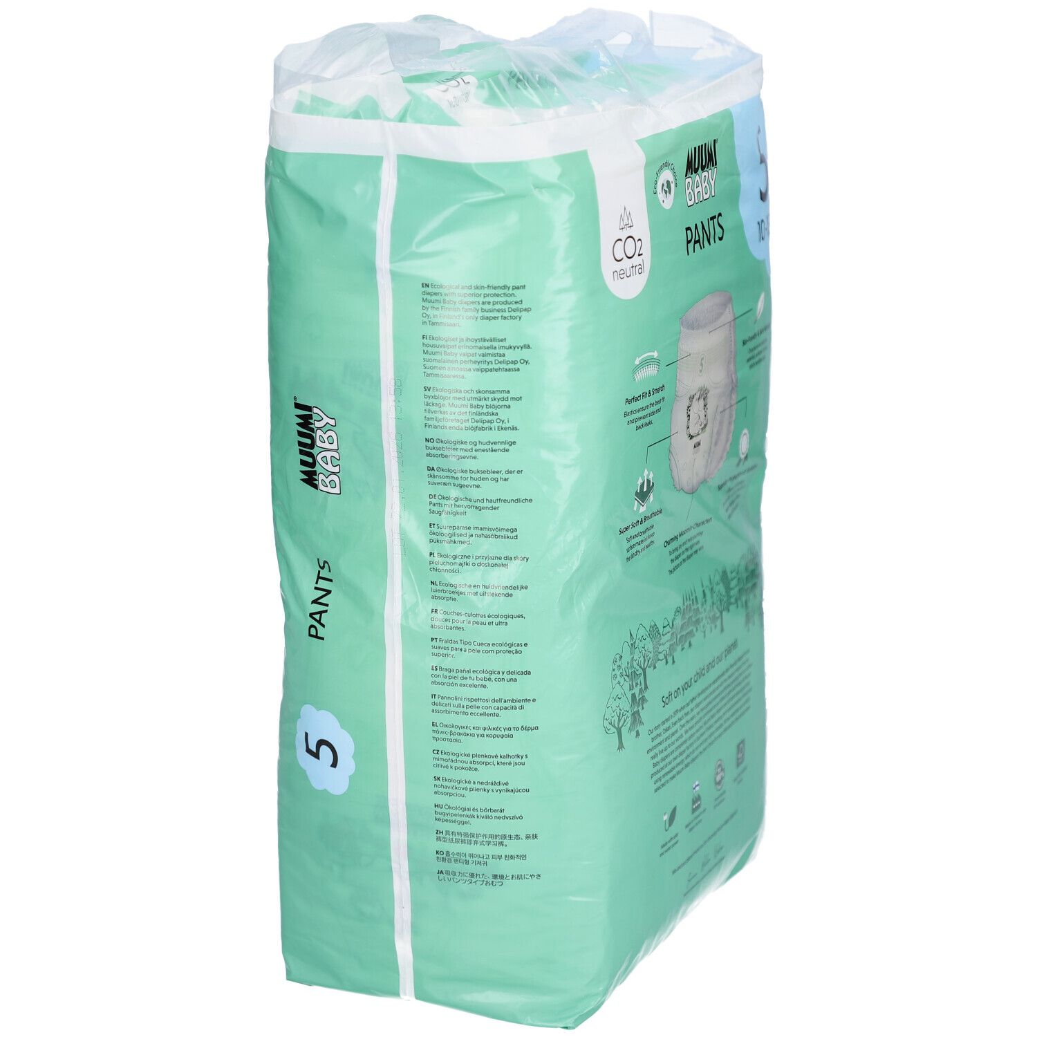 Grüne Verpackung mit Windelhosen. Marke: Muumi Baby. Größe 5, 10-15 kg. Abbildung von Mumin-Figuren. CO2-neutral. Seitenansicht.