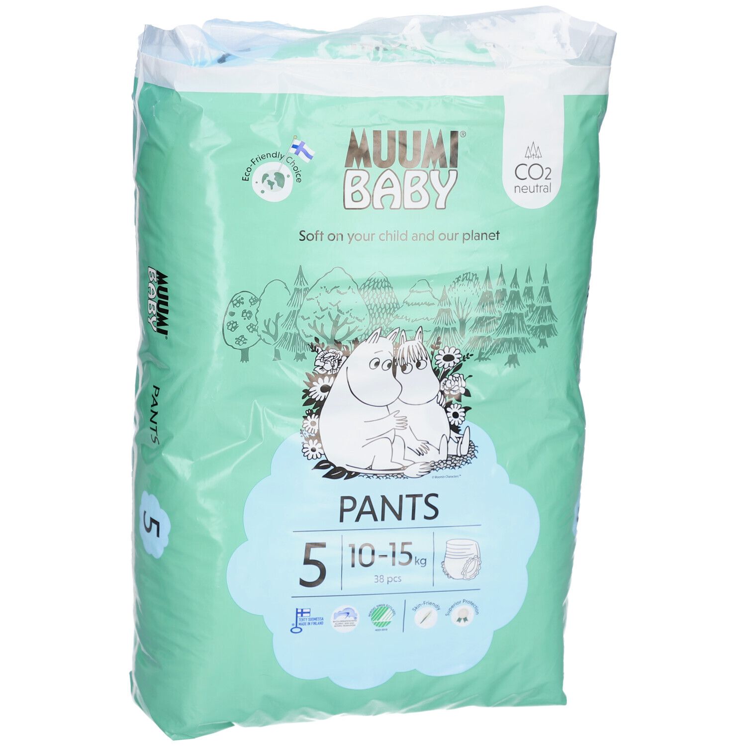 Grüne Verpackung mit Windelhosen. Marke: Muumi Baby. Größe 5, 10-15 kg. Abbildung von Mumin-Figuren. CO2-neutral. Enthält 38 Stück.