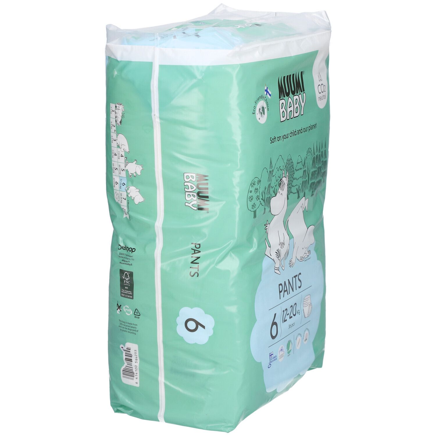 Vue latérale du paquet de Muumi Baby Pants, taille 6 (12-20 kg). Vert menthe avec informations et logos.